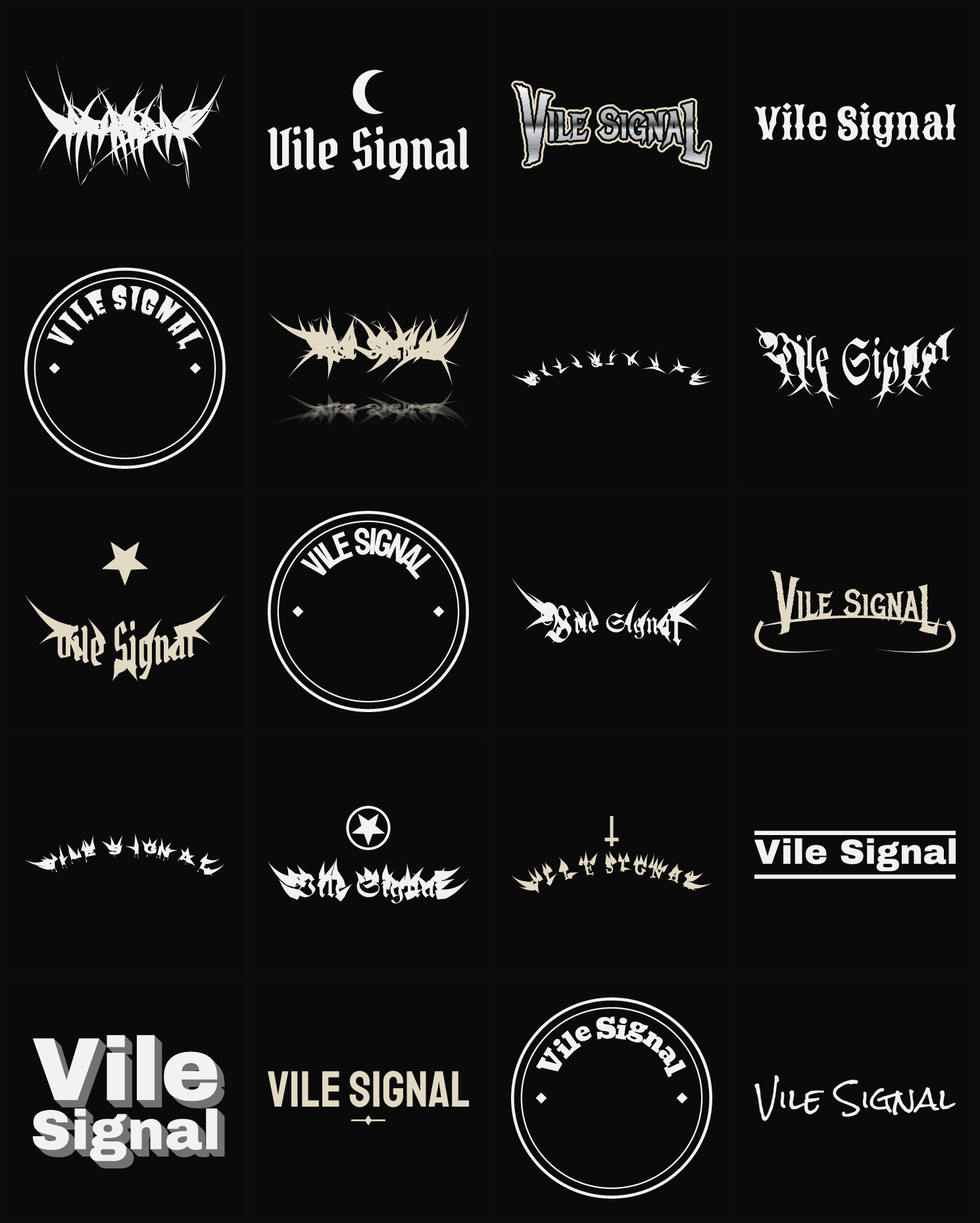 Twenty Vile Signal band logo ideas — different faces, treatments and spike settings