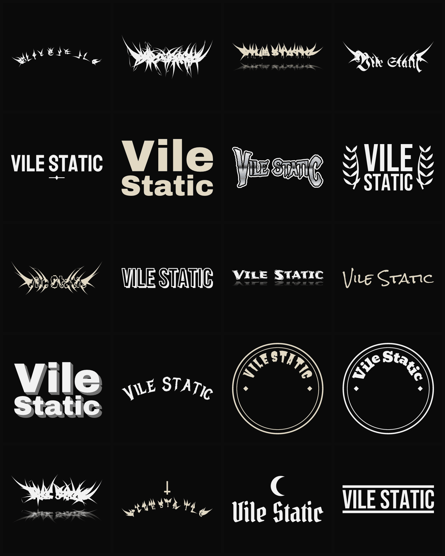 Twenty Vile Static band logo ideas — different faces, treatments and spike settings