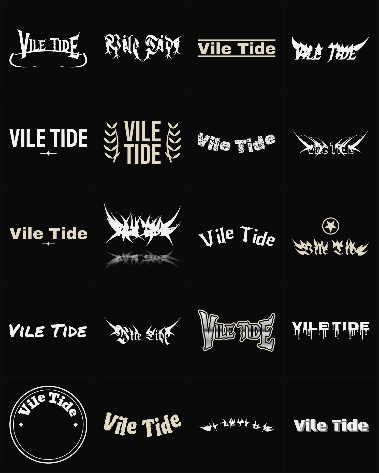 Twenty Vile Tide band logo ideas — different faces, treatments and spike settings