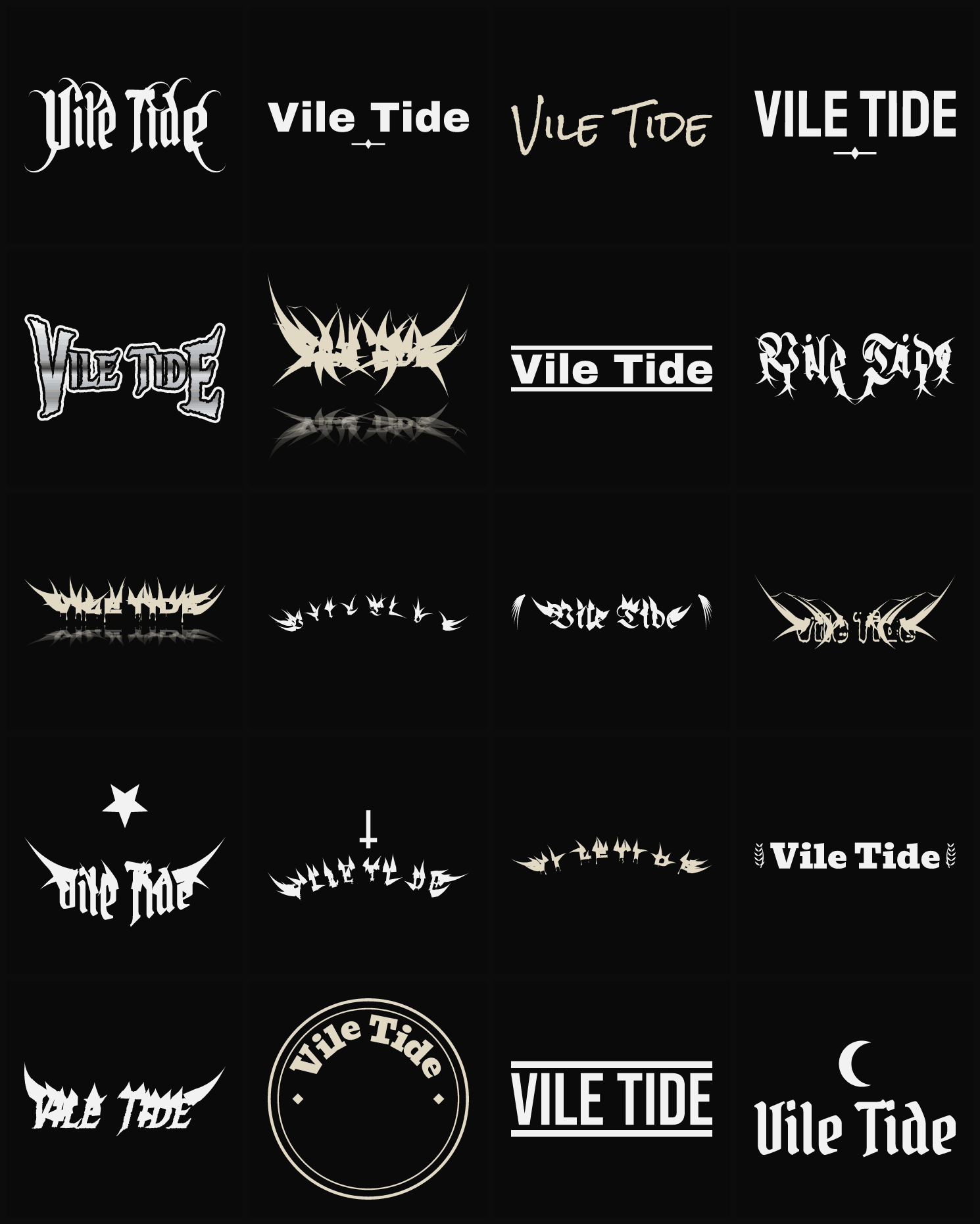 Twenty Vile Tide band logo ideas — different faces, treatments and spike settings