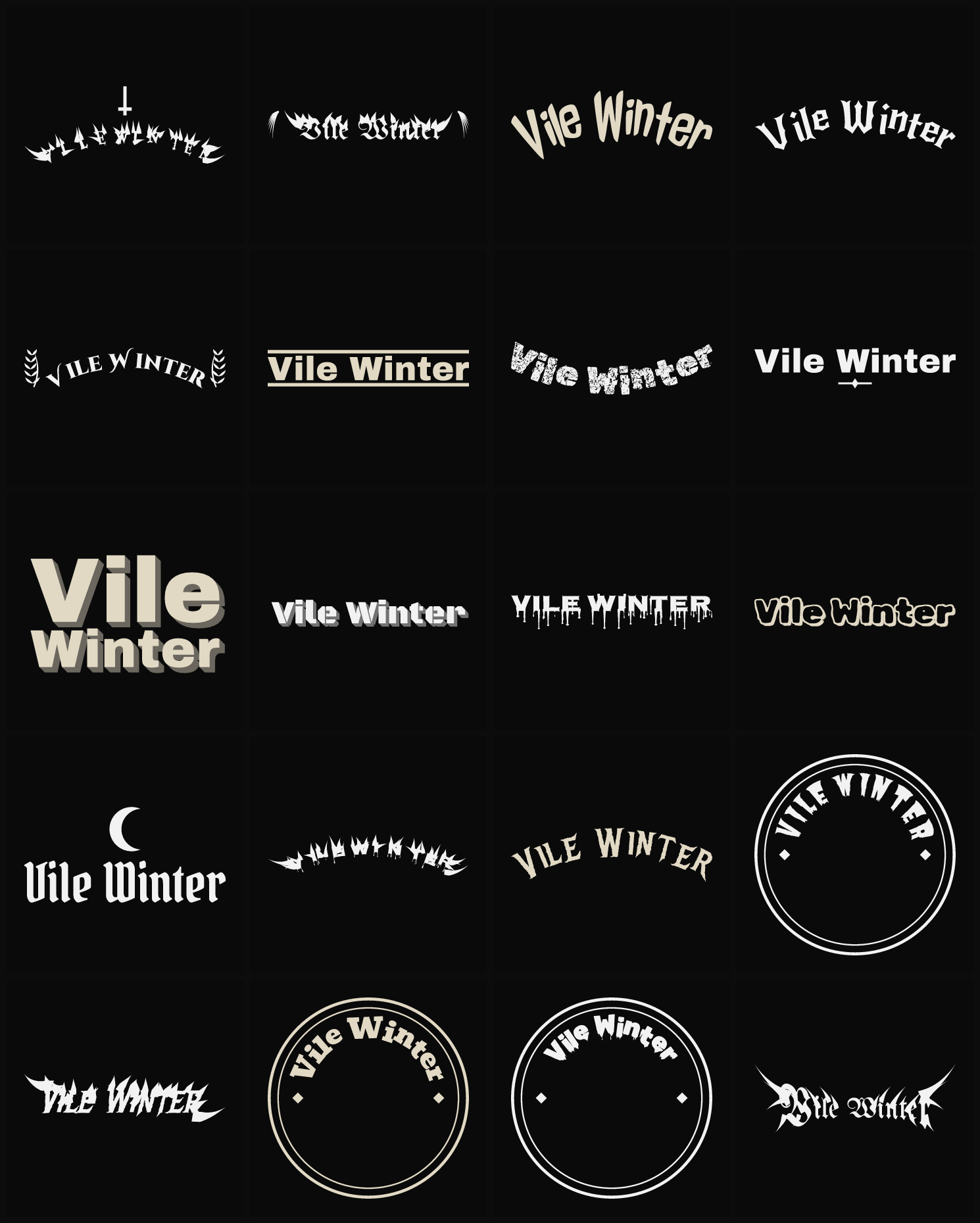 Twenty Vile Winter band logo ideas — different faces, treatments and spike settings