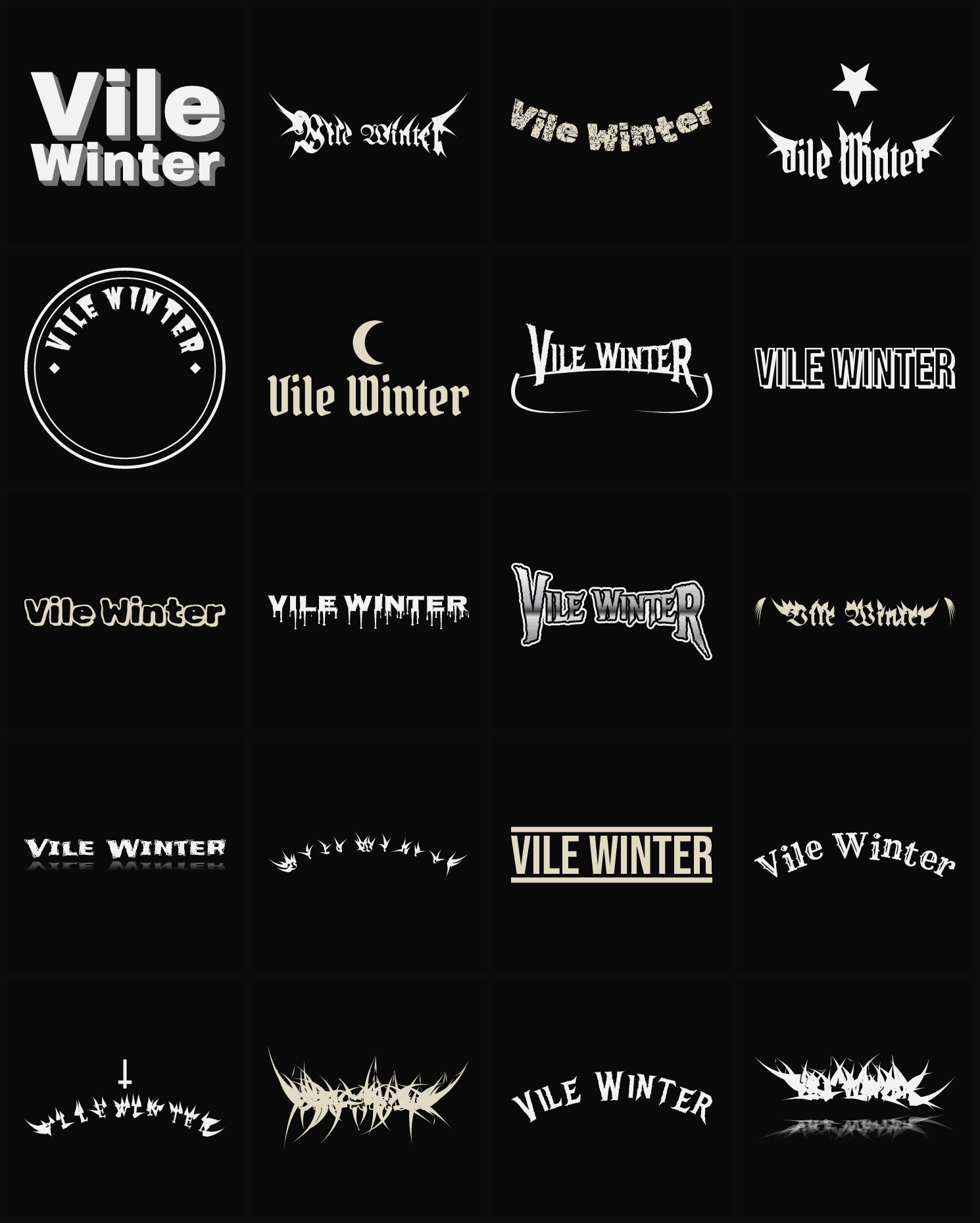 Twenty Vile Winter band logo ideas — different faces, treatments and spike settings