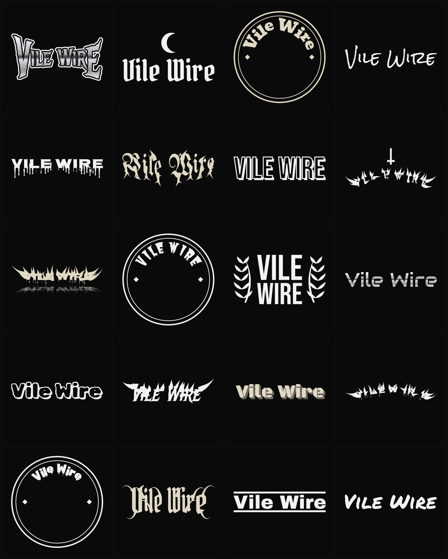 Twenty Vile Wire band logo ideas — different faces, treatments and spike settings