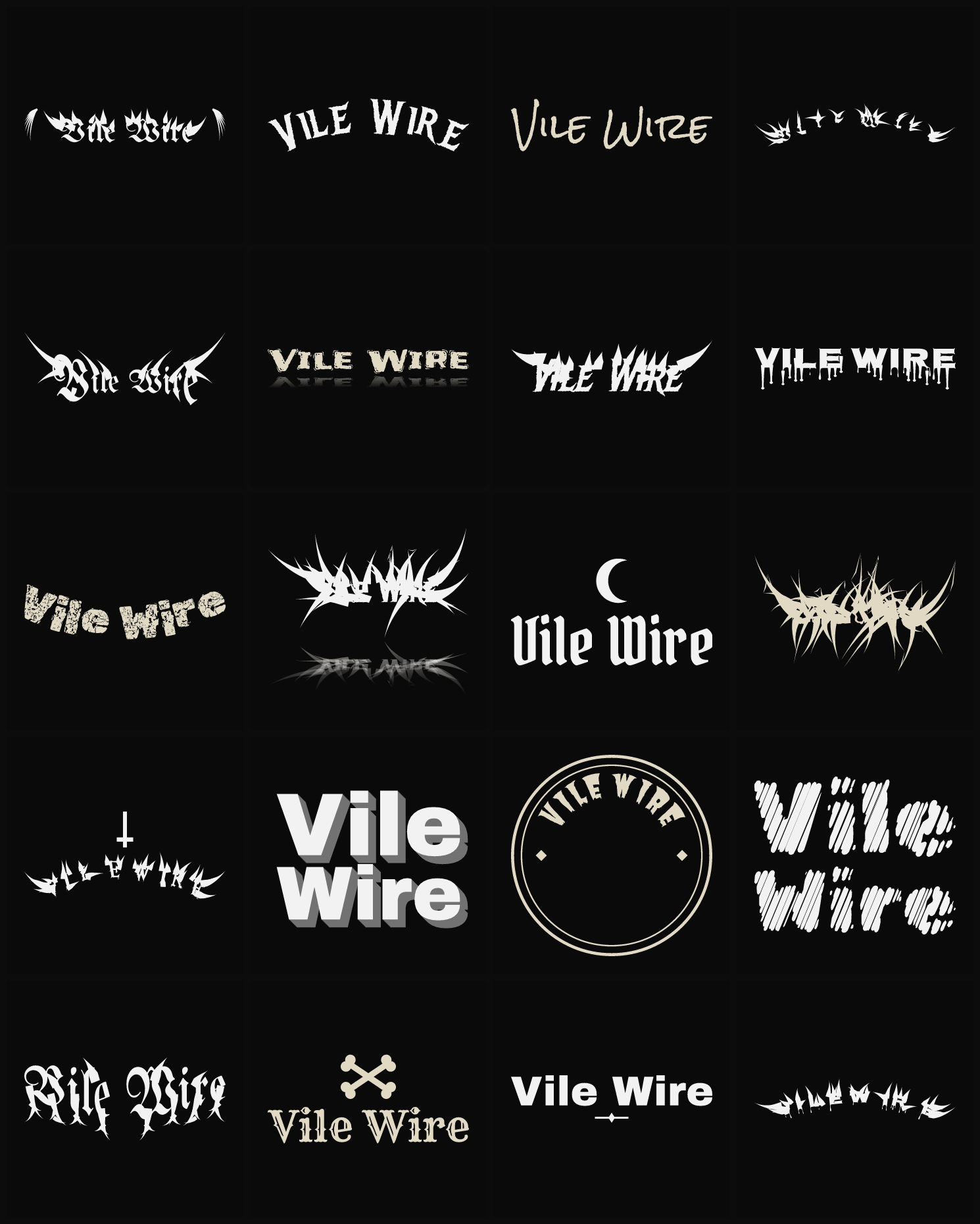 Twenty Vile Wire band logo ideas — different faces, treatments and spike settings