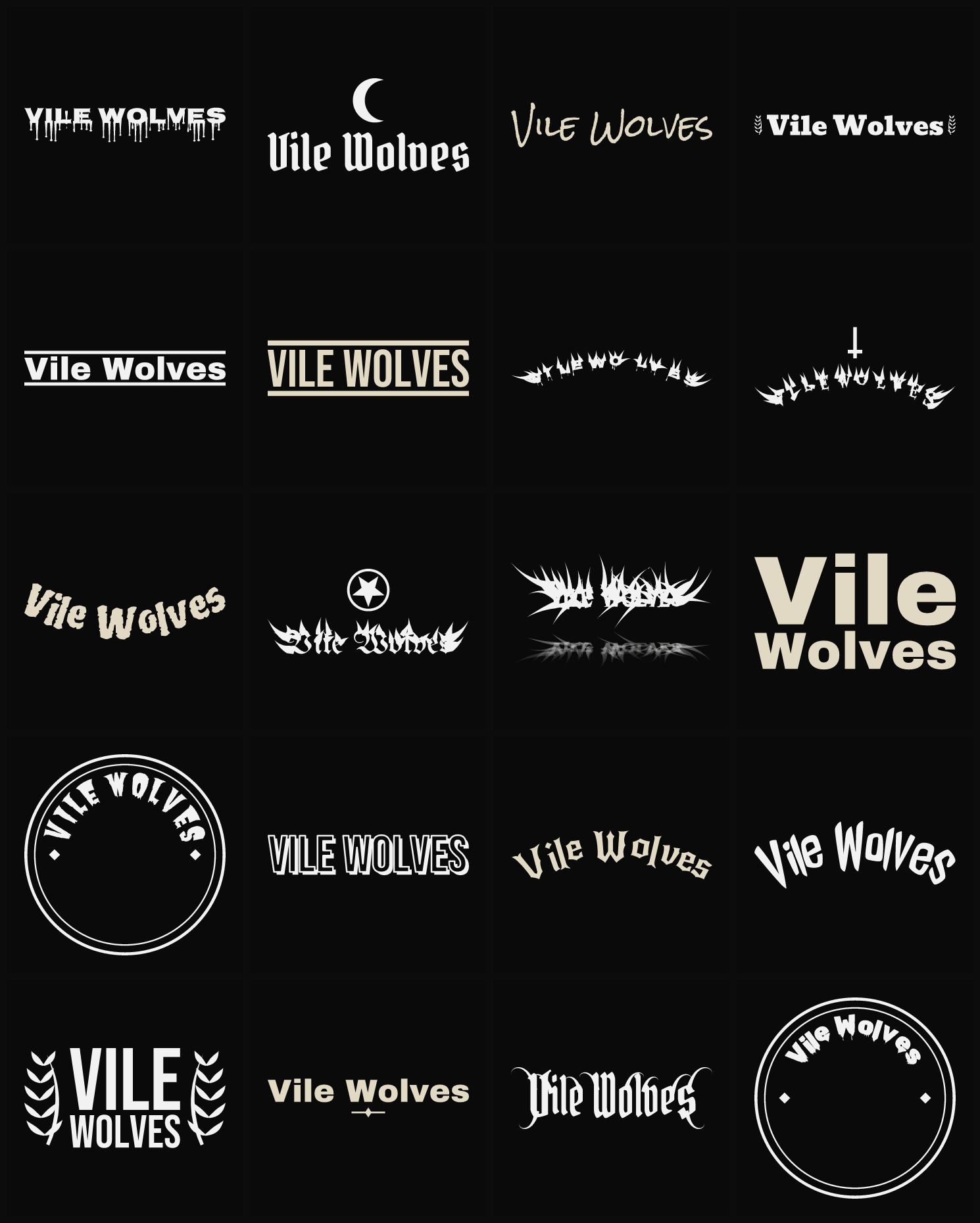 Twenty Vile Wolves band logo ideas — different faces, treatments and spike settings
