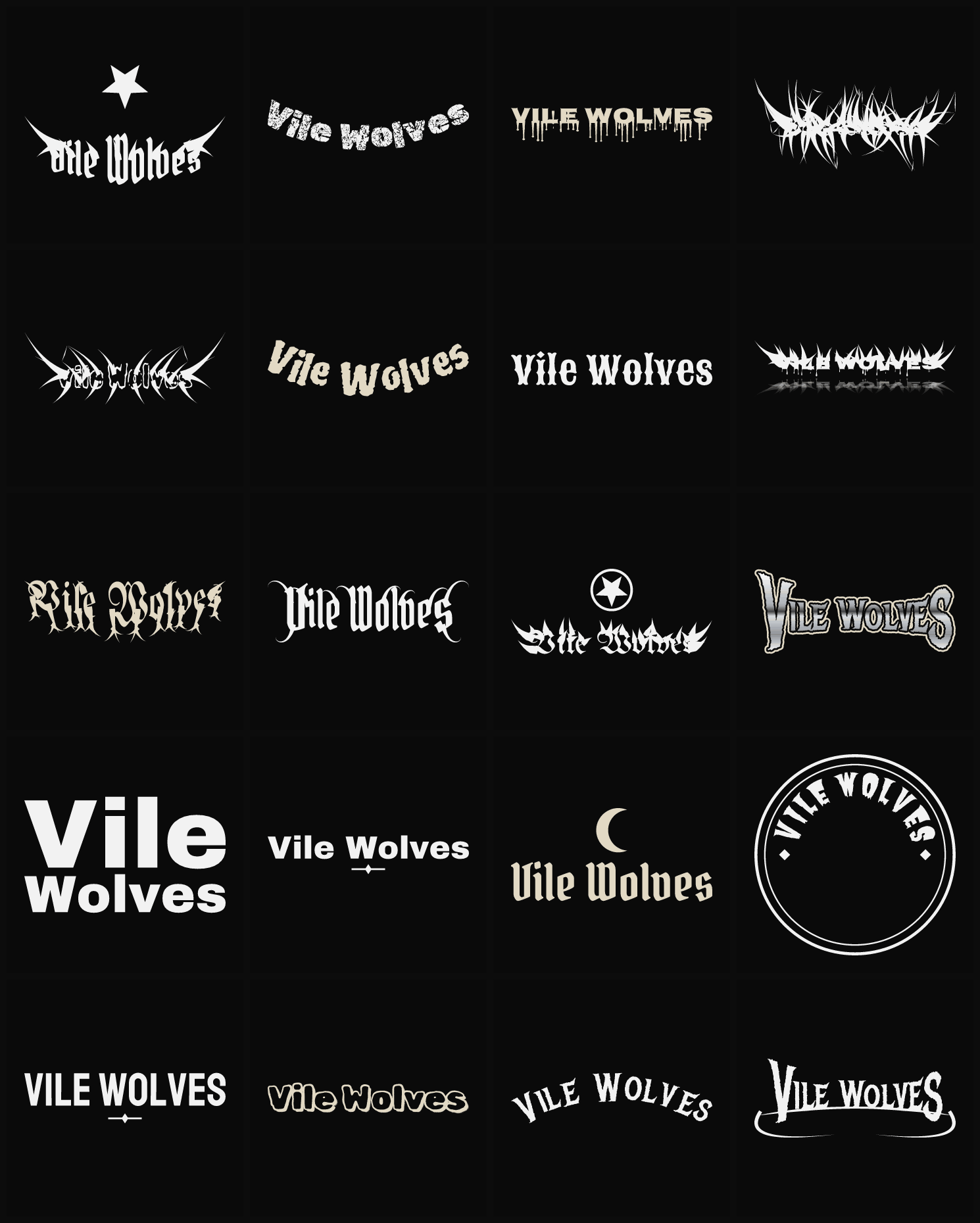 Twenty Vile Wolves band logo ideas — different faces, treatments and spike settings