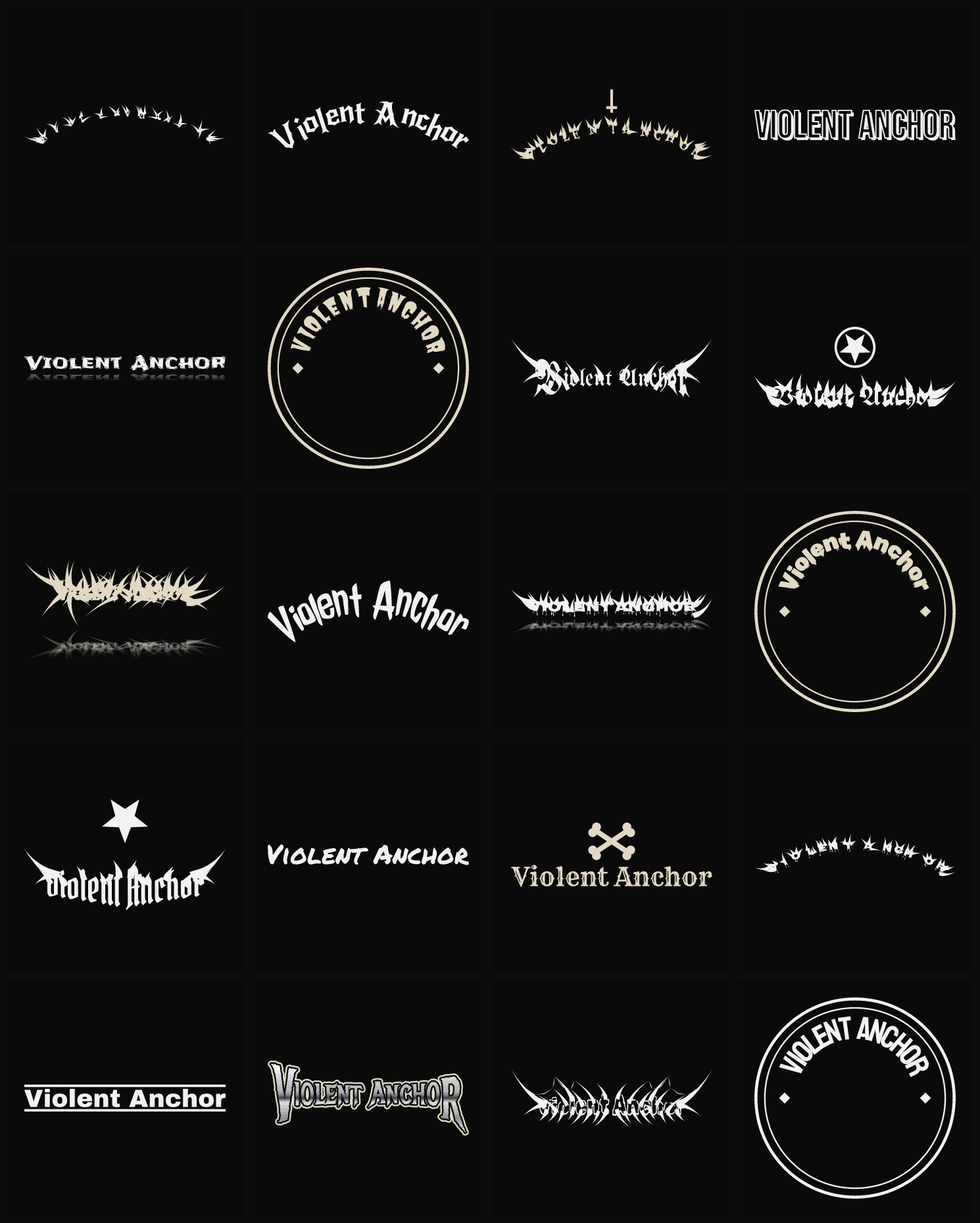 Twenty Violent Anchor band logo ideas — different faces, treatments and spike settings
