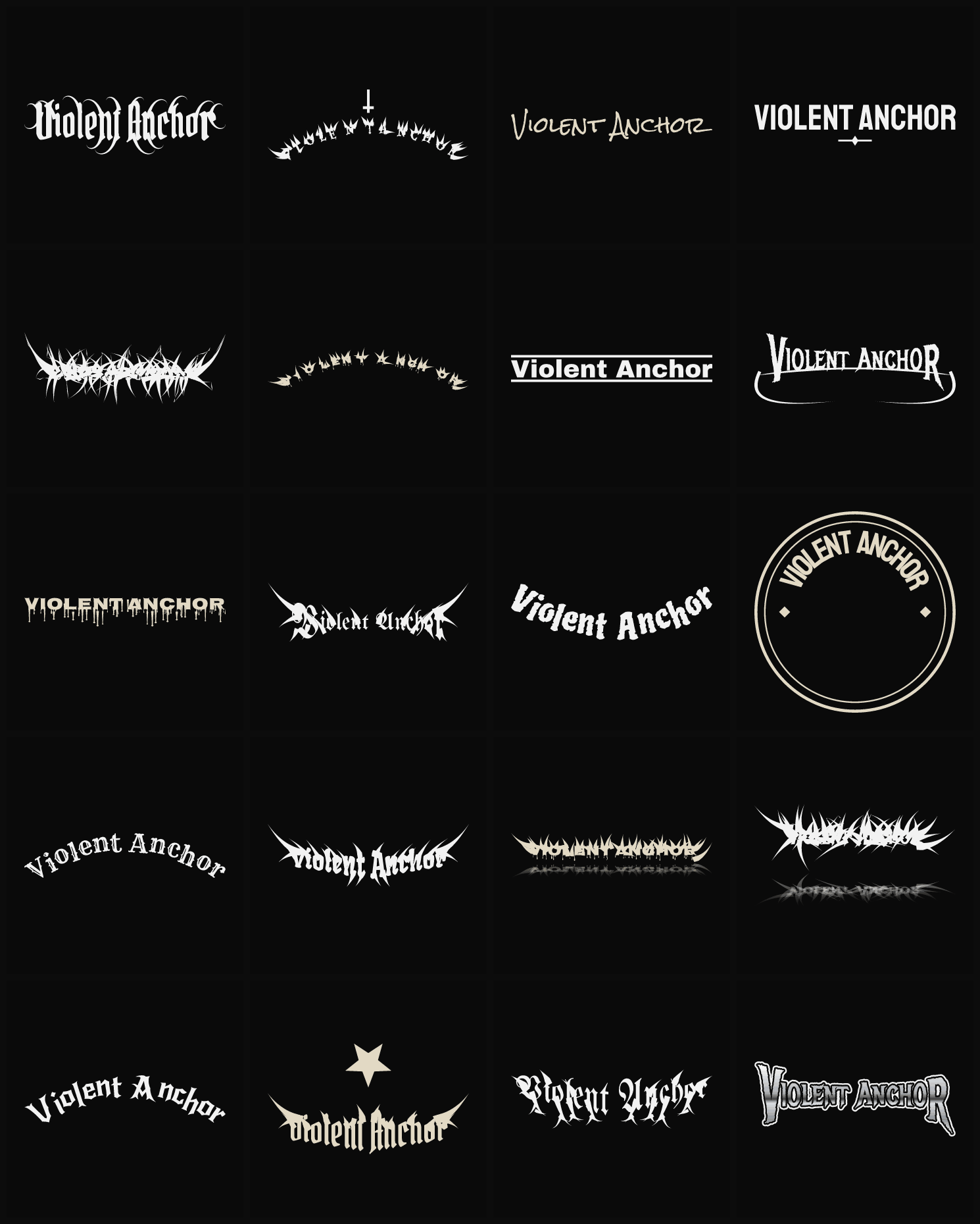 Twenty Violent Anchor band logo ideas — different faces, treatments and spike settings