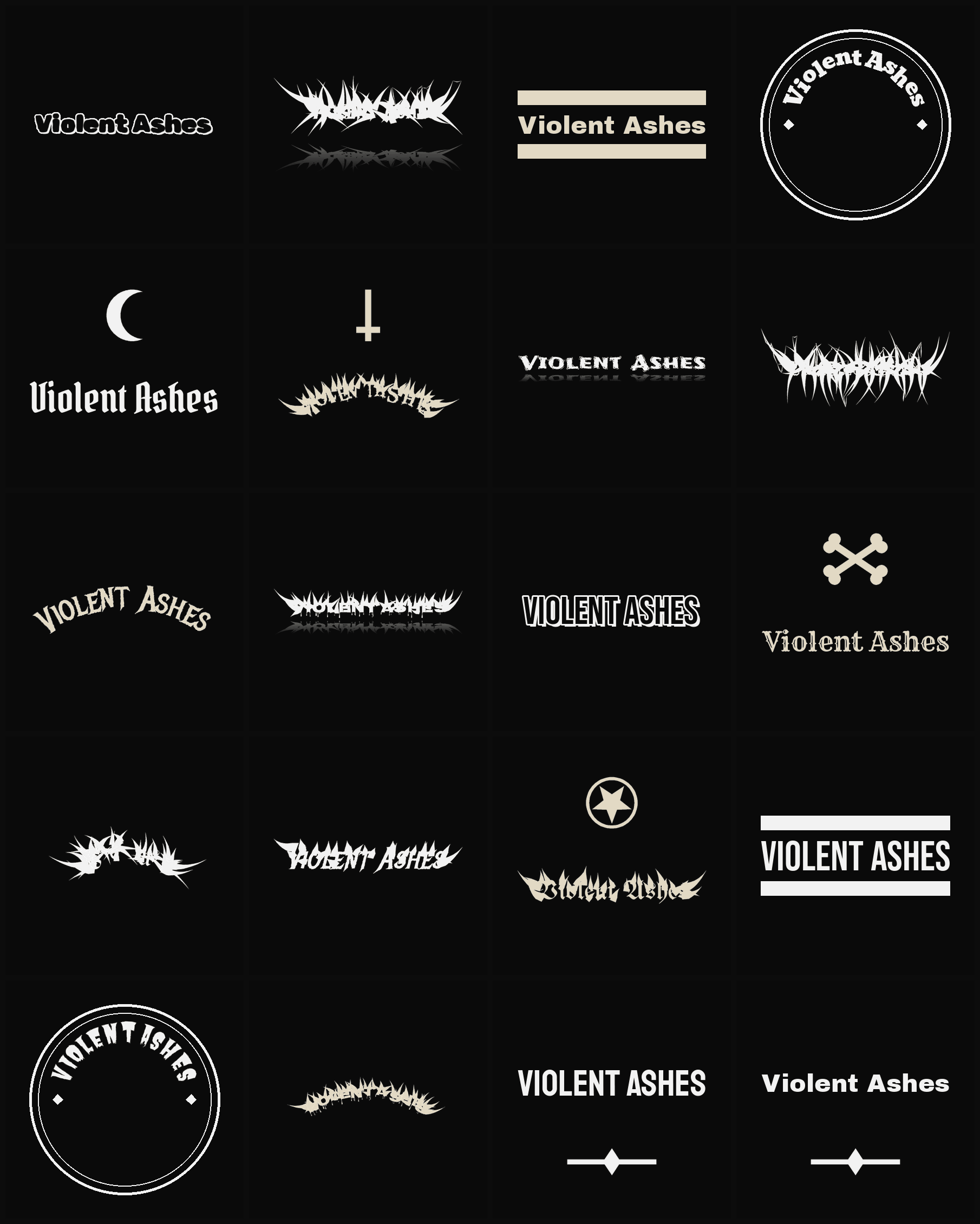 Twenty Violent Ashes band logo ideas — different faces, treatments and spike settings