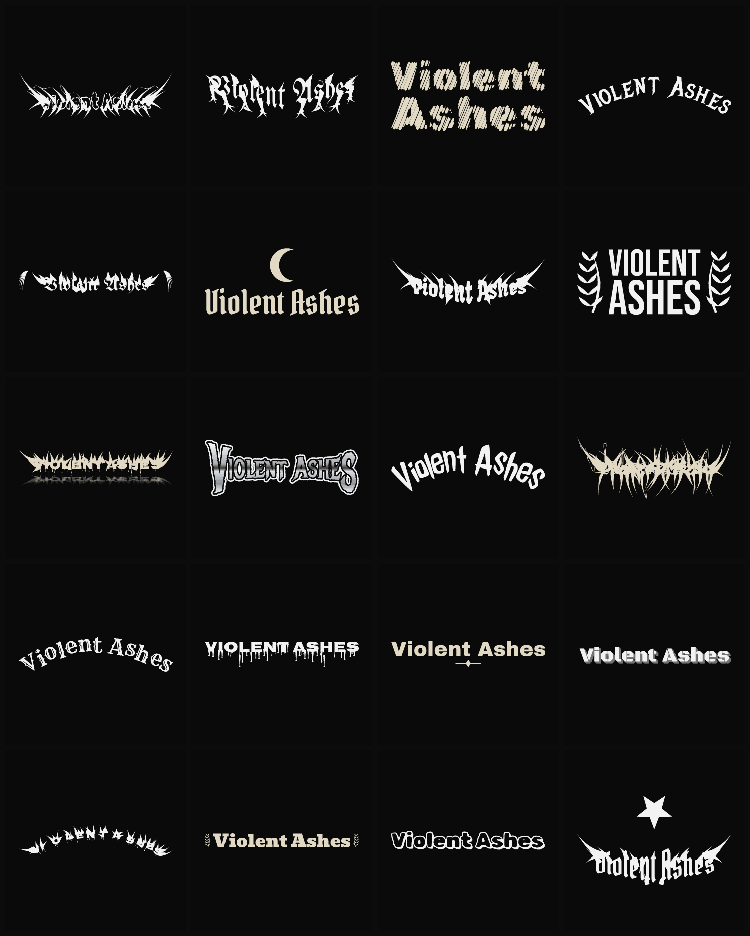 Twenty Violent Ashes band logo ideas — different faces, treatments and spike settings