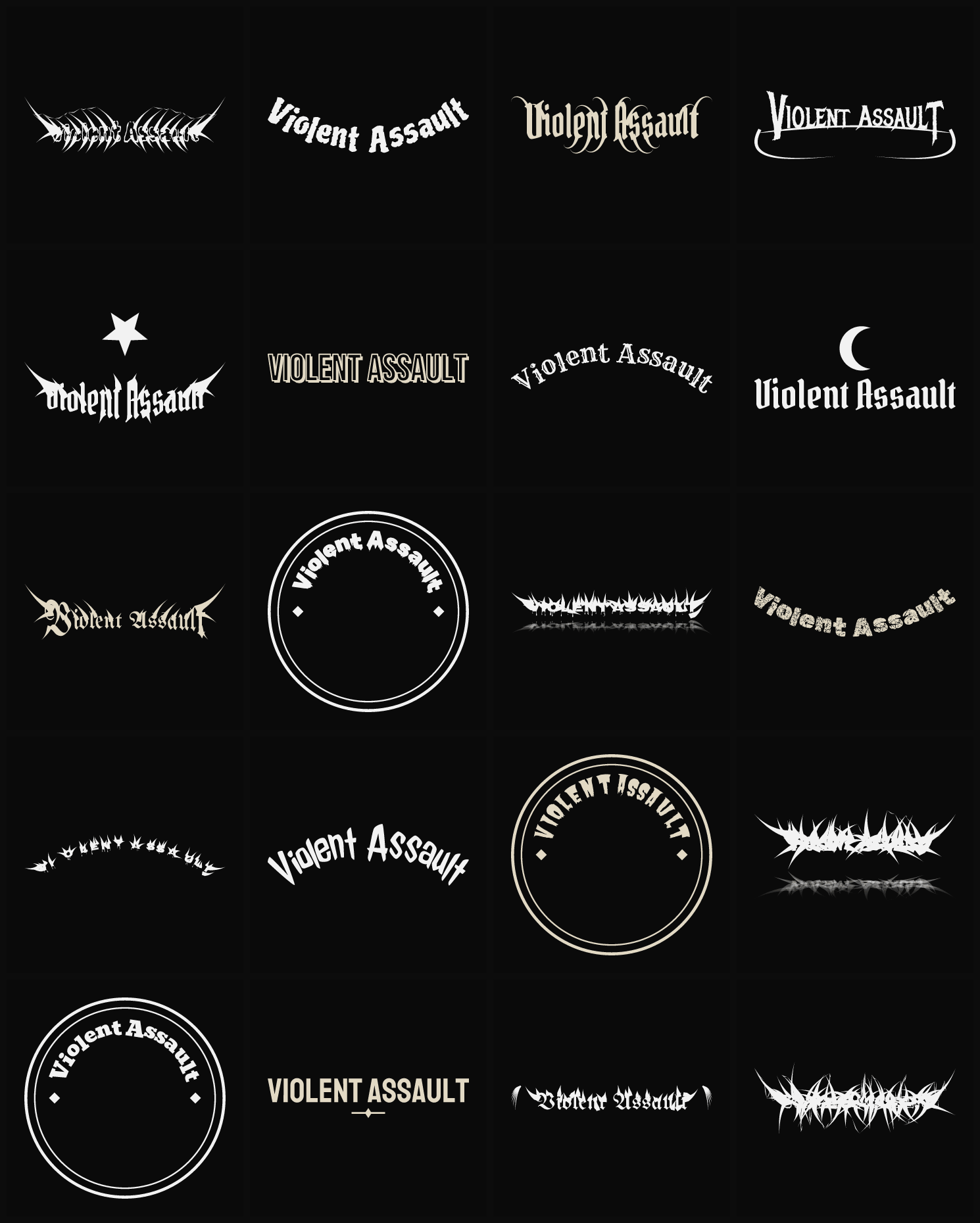 Twenty Violent Assault band logo ideas — different faces, treatments and spike settings
