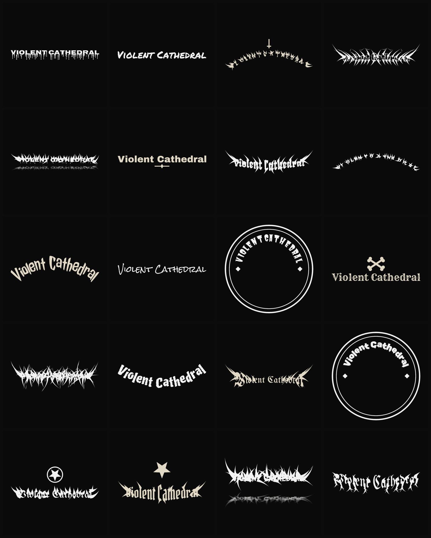 Twenty Violent Cathedral band logo ideas — different faces, treatments and spike settings