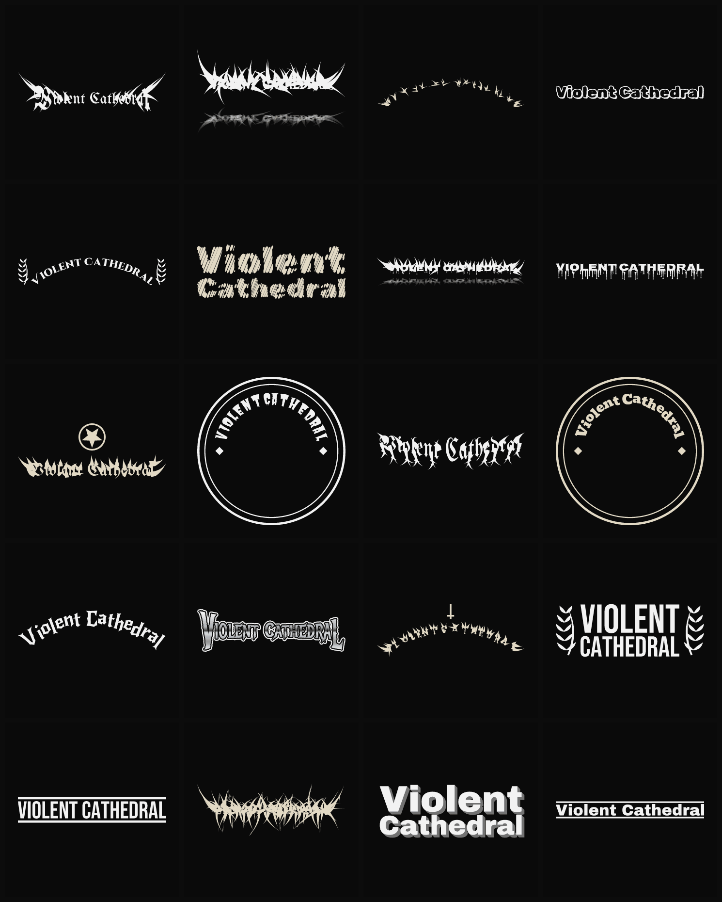 Twenty Violent Cathedral band logo ideas — different faces, treatments and spike settings