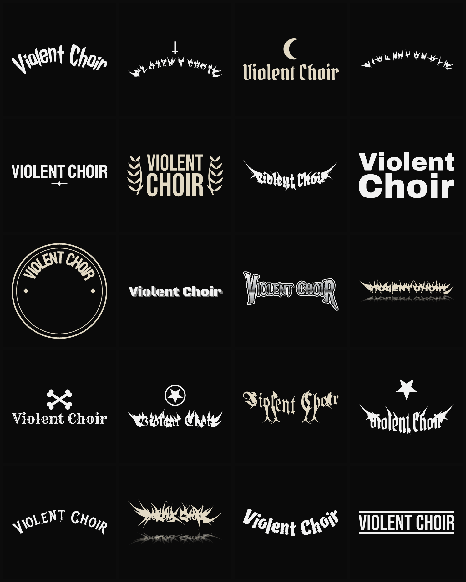Twenty Violent Choir band logo ideas — different faces, treatments and spike settings