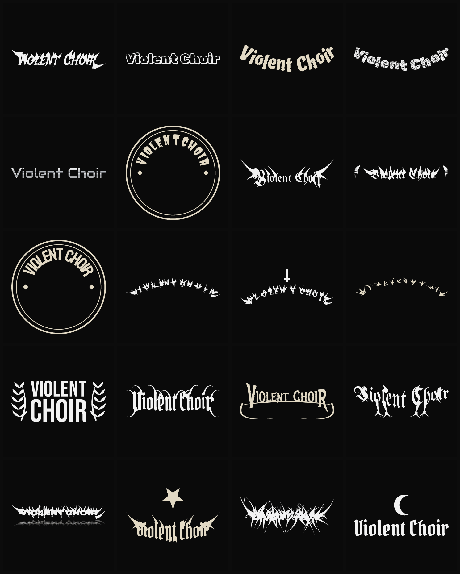 Twenty Violent Choir band logo ideas — different faces, treatments and spike settings