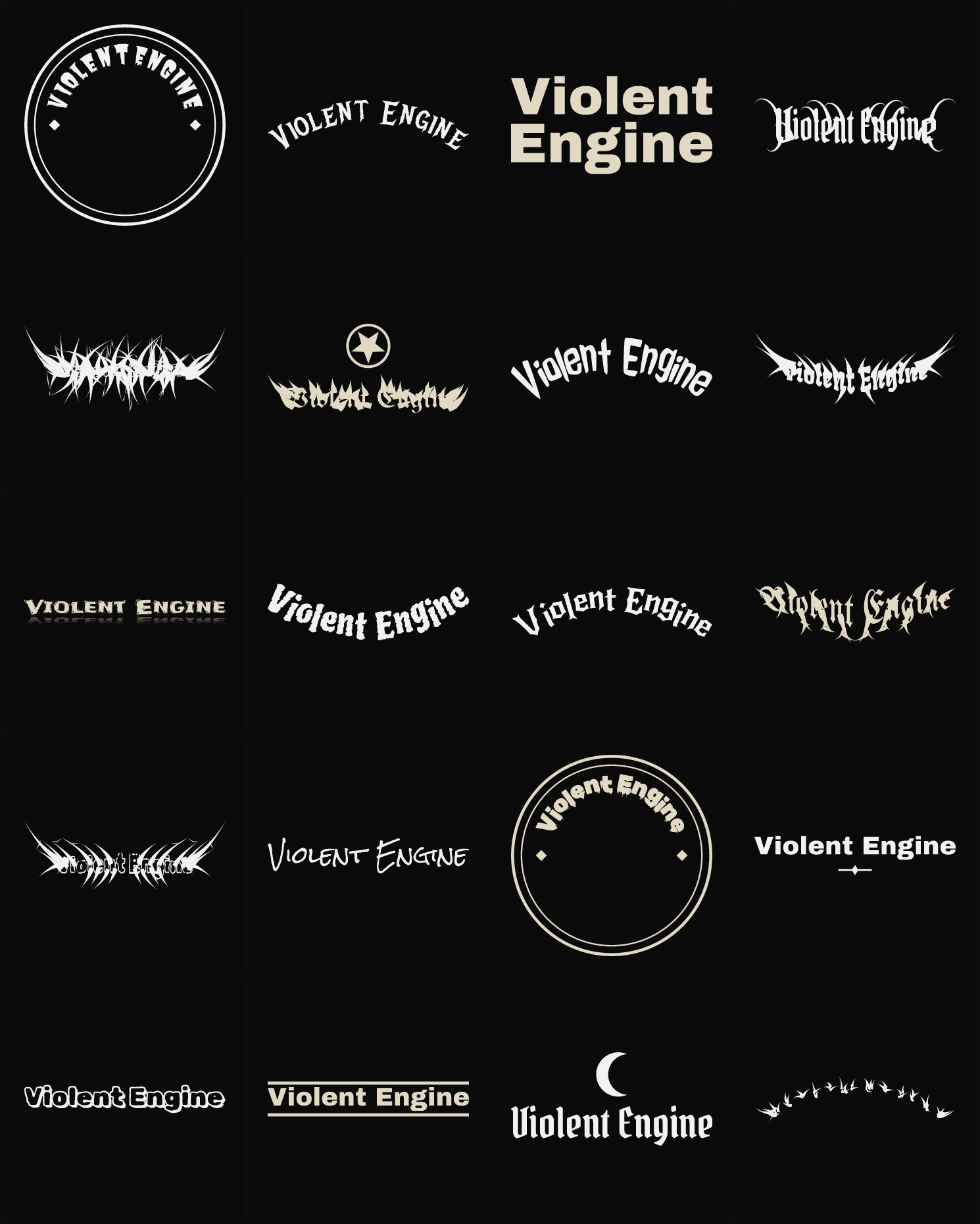 Twenty Violent Engine band logo ideas — different faces, treatments and spike settings