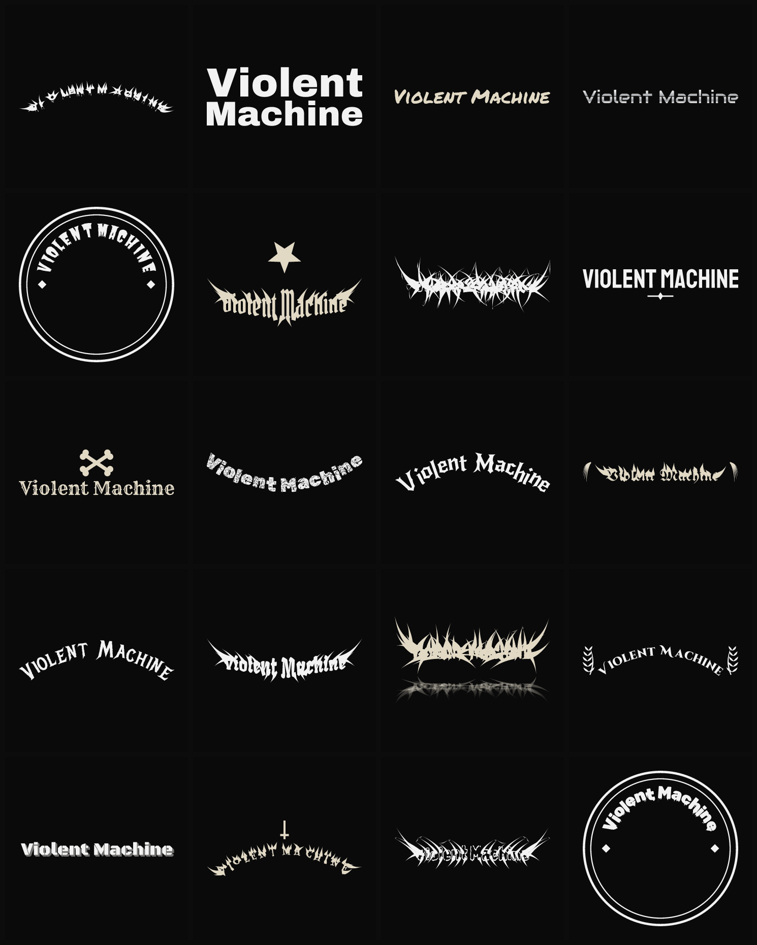 Twenty Violent Machine band logo ideas — different faces, treatments and spike settings