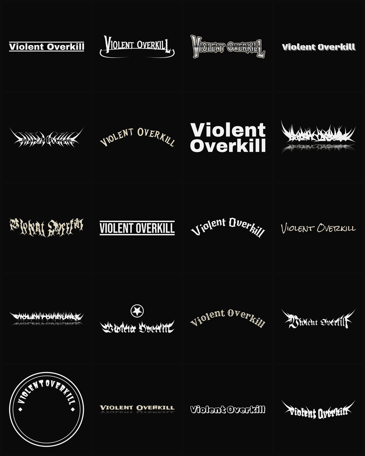 Twenty Violent Overkill band logo ideas — different faces, treatments and spike settings