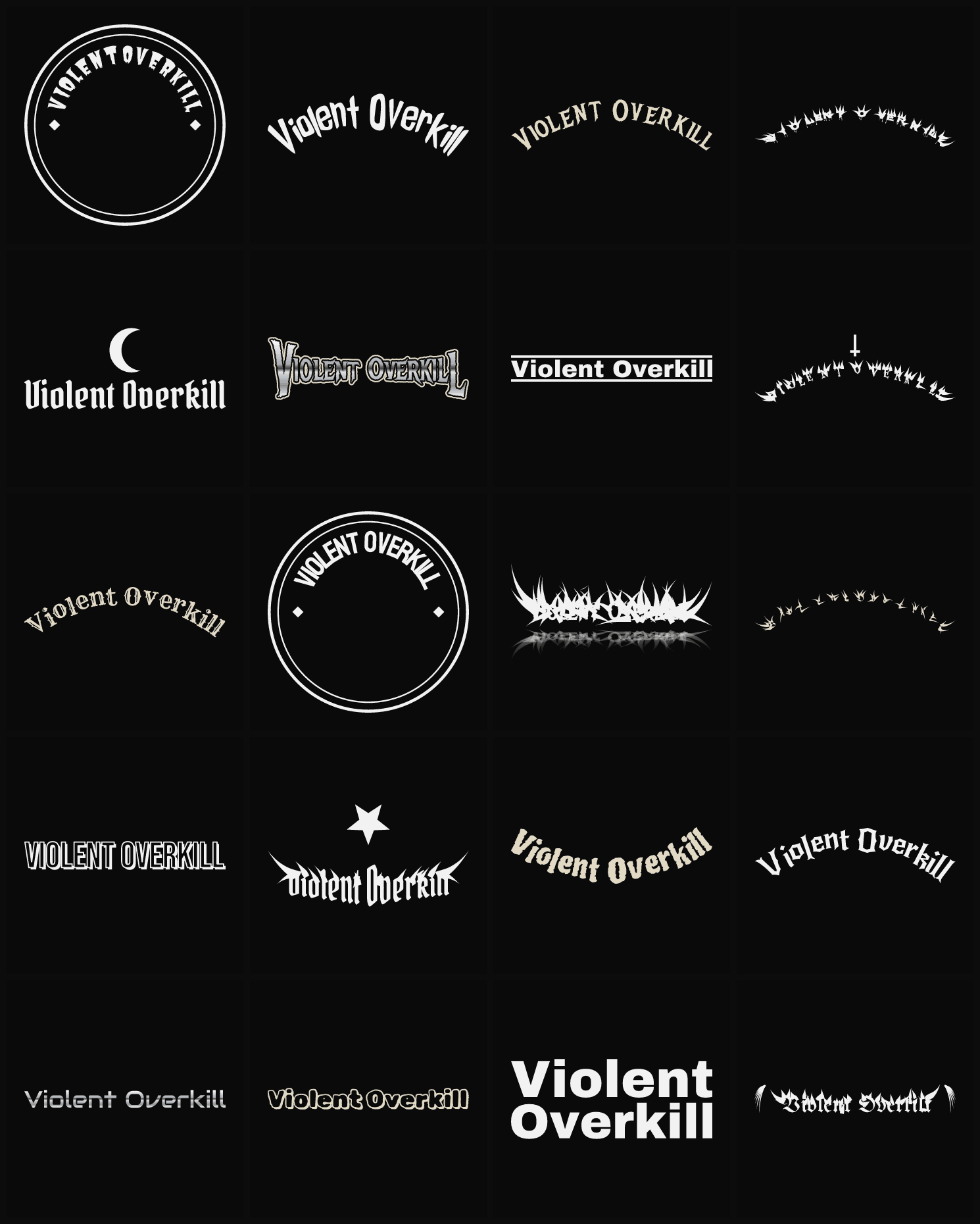 Twenty Violent Overkill band logo ideas — different faces, treatments and spike settings