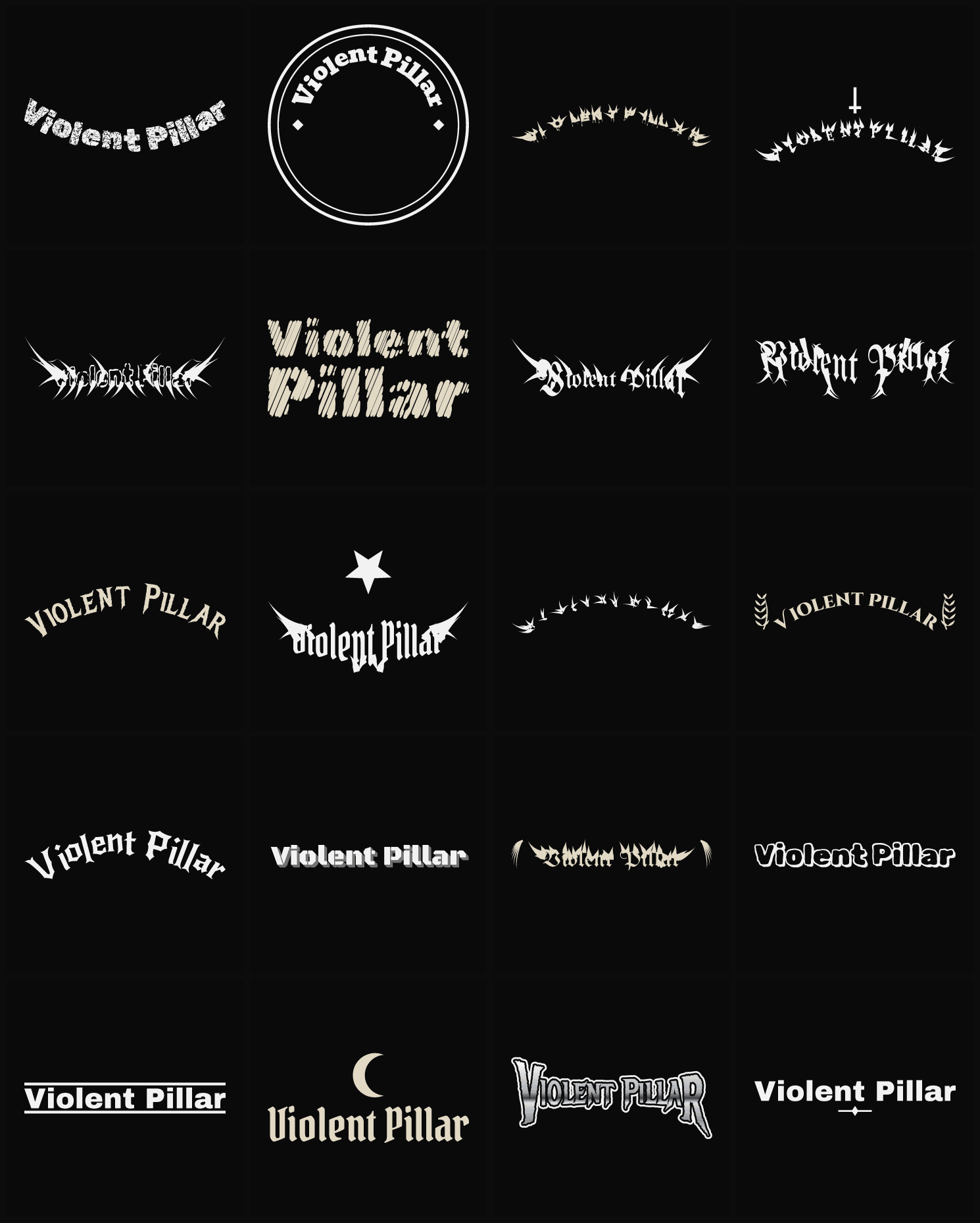 Twenty Violent Pillar band logo ideas — different faces, treatments and spike settings