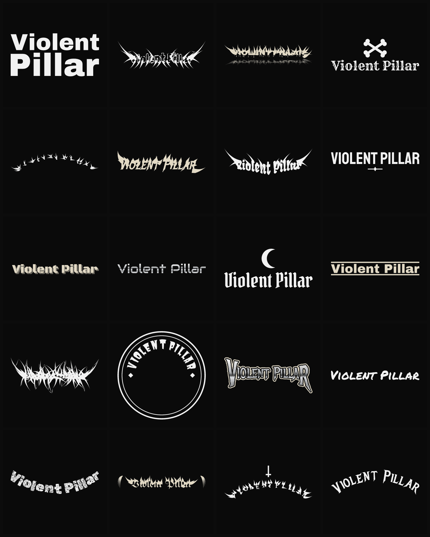 Twenty Violent Pillar band logo ideas — different faces, treatments and spike settings