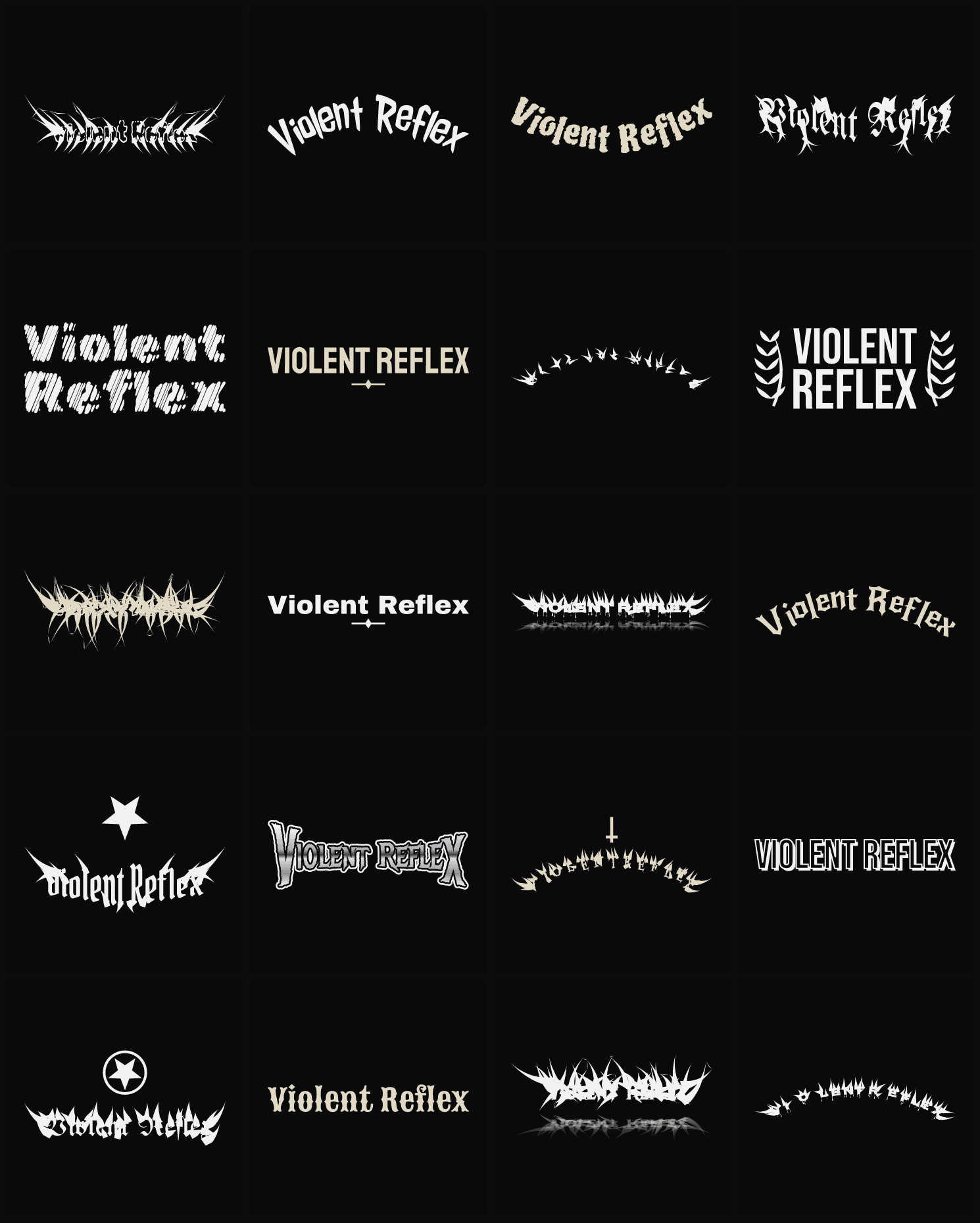 Twenty Violent Reflex band logo ideas — different faces, treatments and spike settings