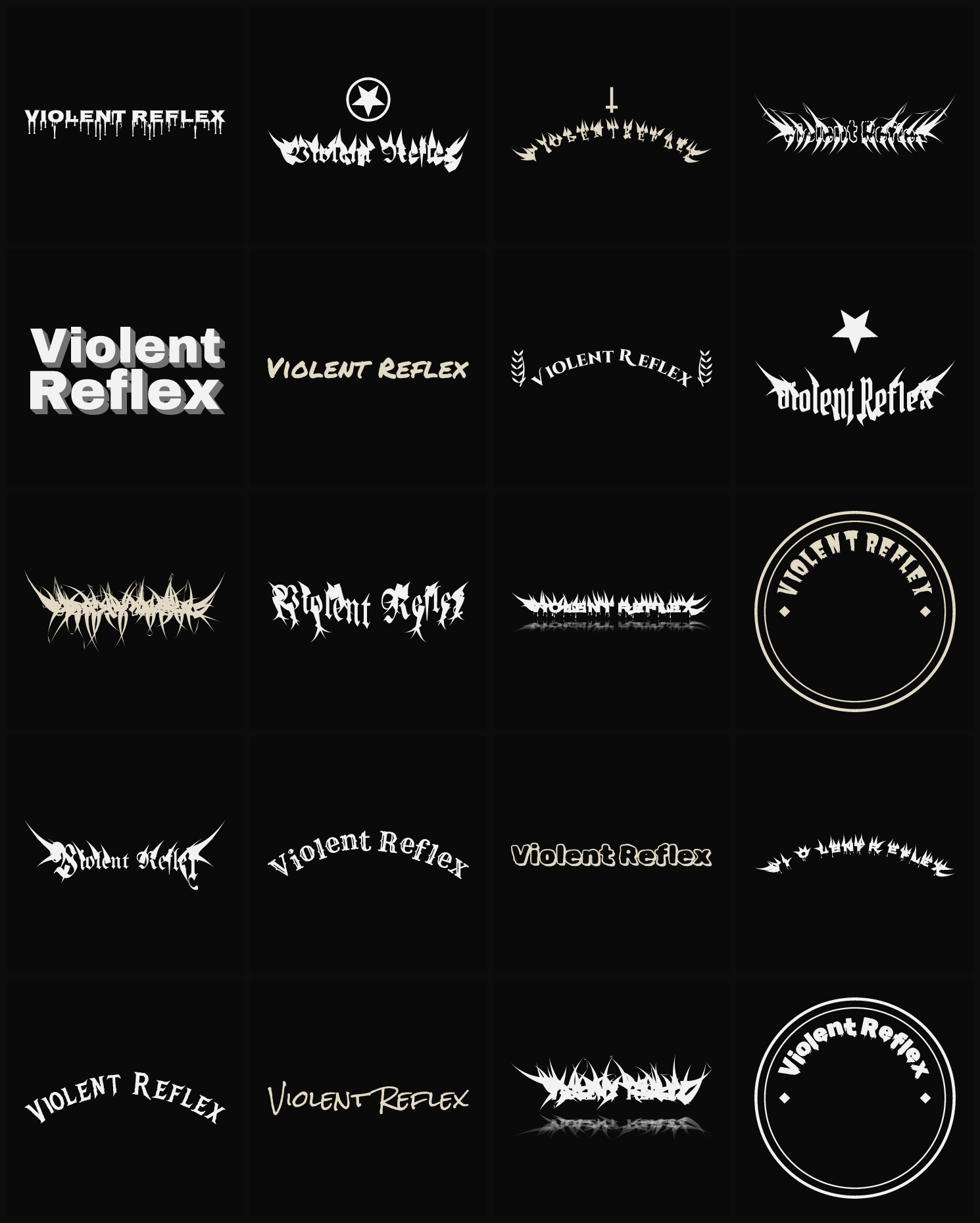 Twenty Violent Reflex band logo ideas — different faces, treatments and spike settings