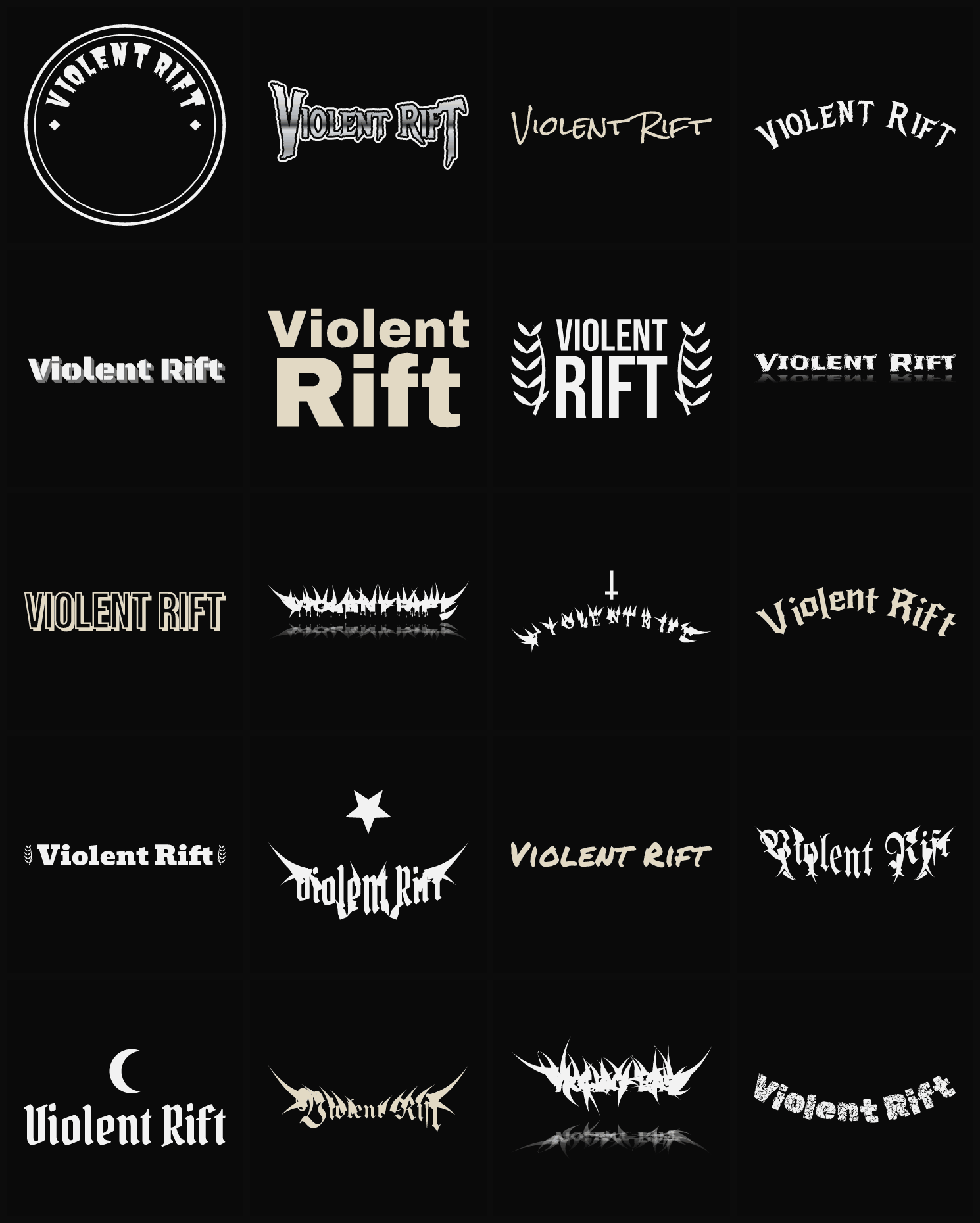 Twenty Violent Rift band logo ideas — different faces, treatments and spike settings