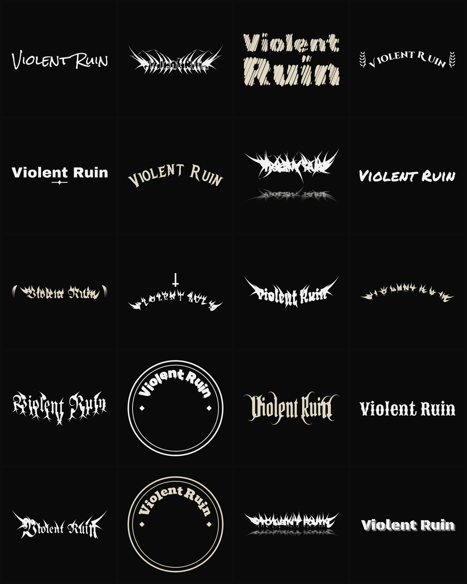 Twenty Violent Ruin band logo ideas — different faces, treatments and spike settings