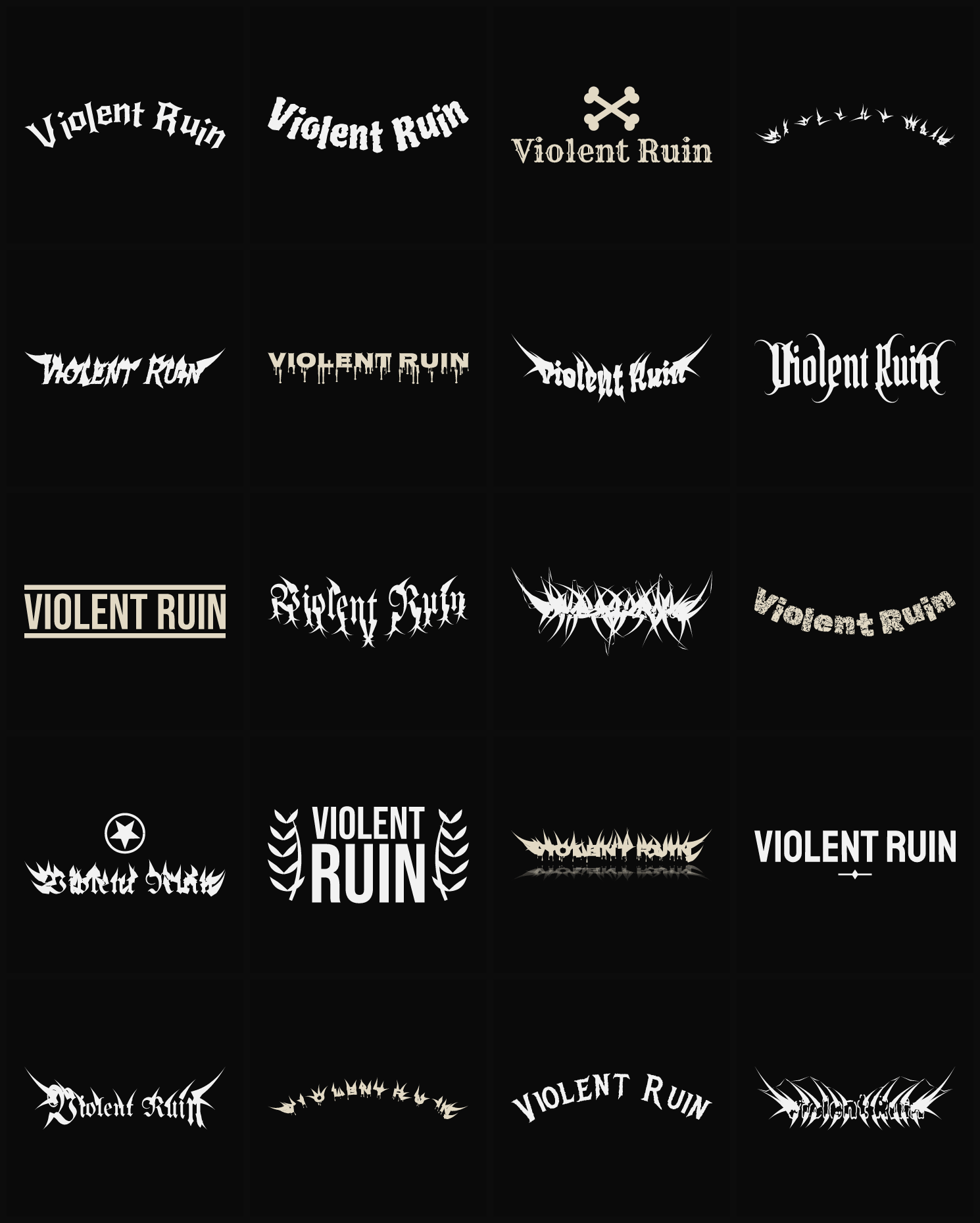 Twenty Violent Ruin band logo ideas — different faces, treatments and spike settings