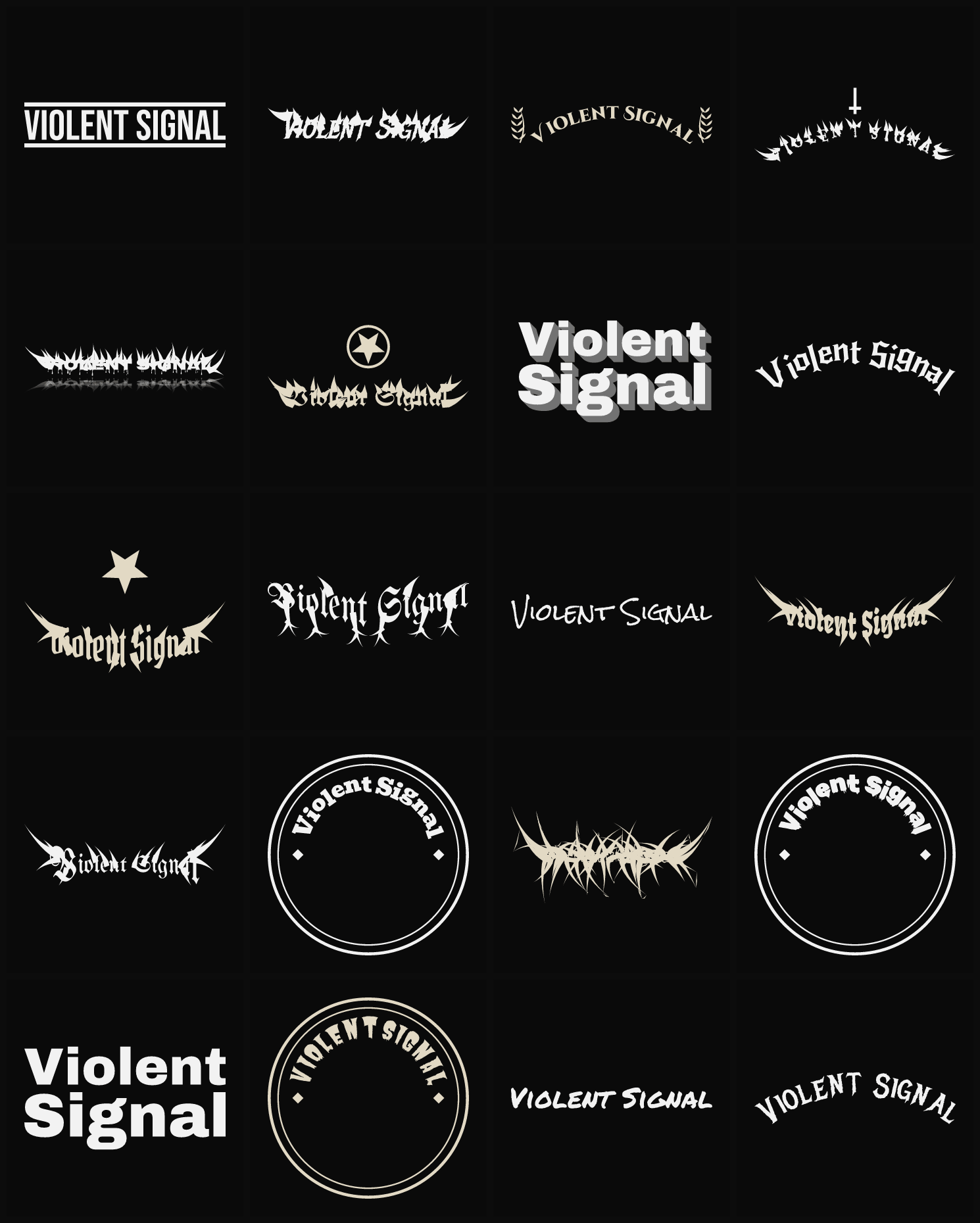Twenty Violent Signal band logo ideas — different faces, treatments and spike settings
