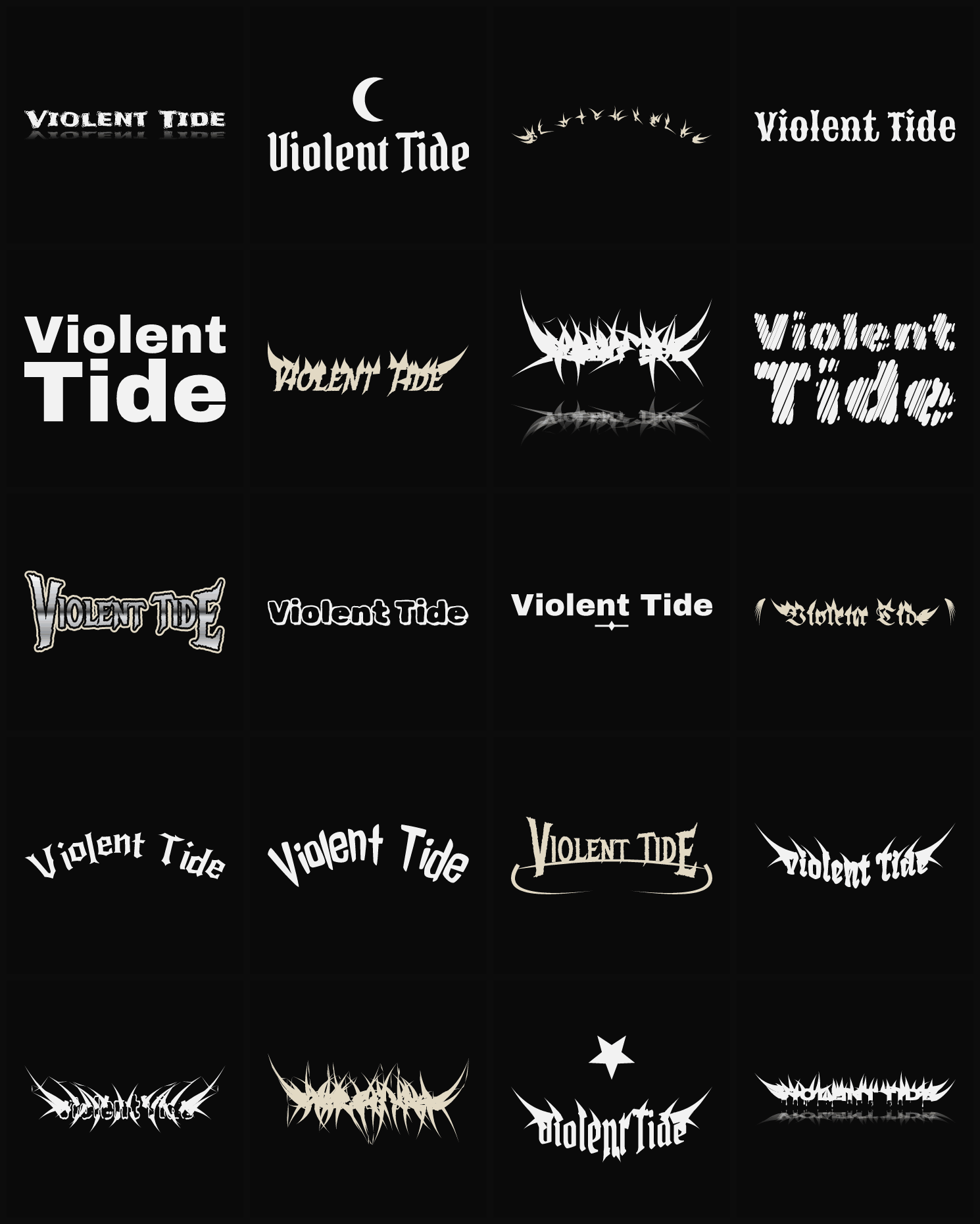 Twenty Violent Tide band logo ideas — different faces, treatments and spike settings