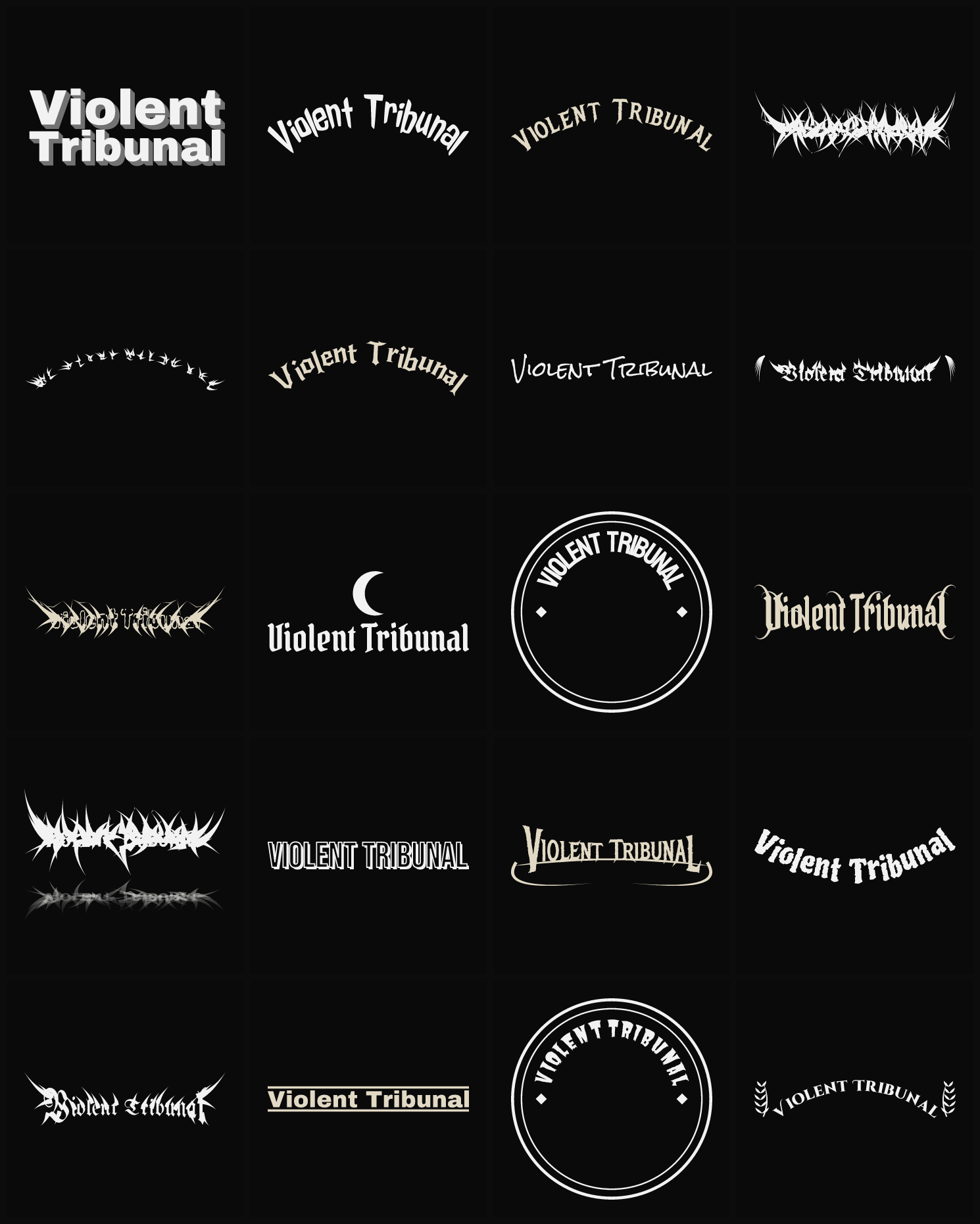 Twenty Violent Tribunal band logo ideas — different faces, treatments and spike settings