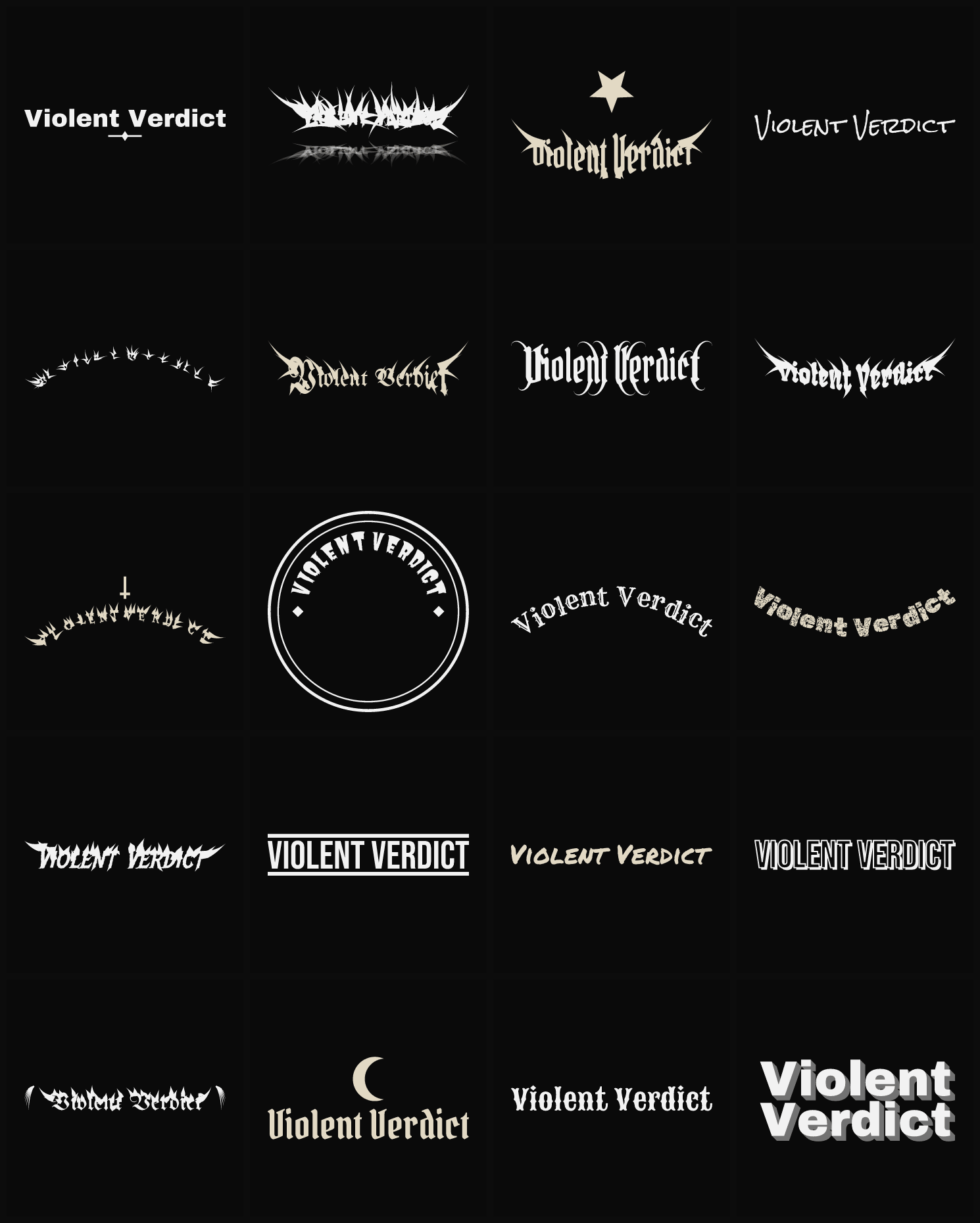 Twenty Violent Verdict band logo ideas — different faces, treatments and spike settings