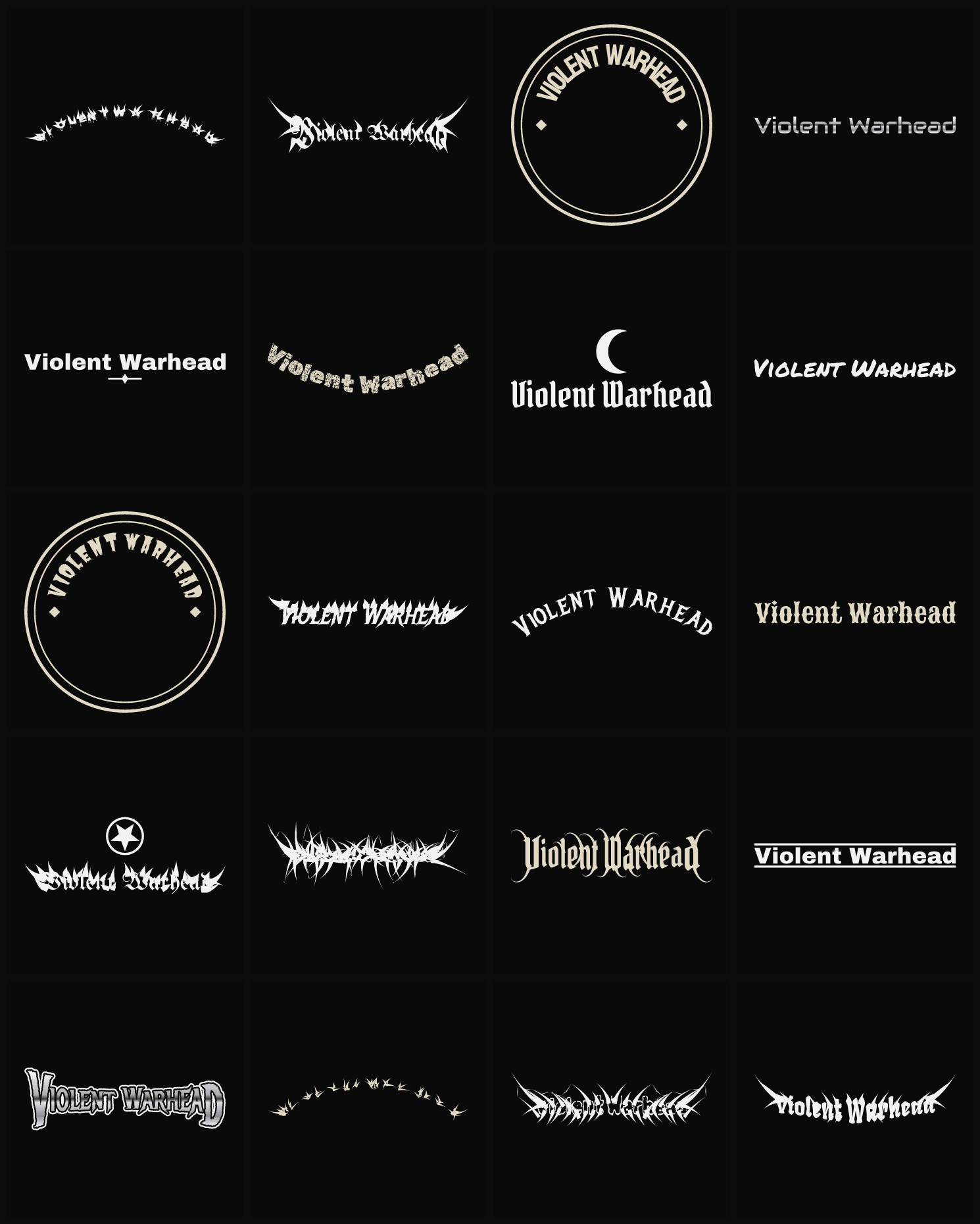 Twenty Violent Warhead band logo ideas — different faces, treatments and spike settings