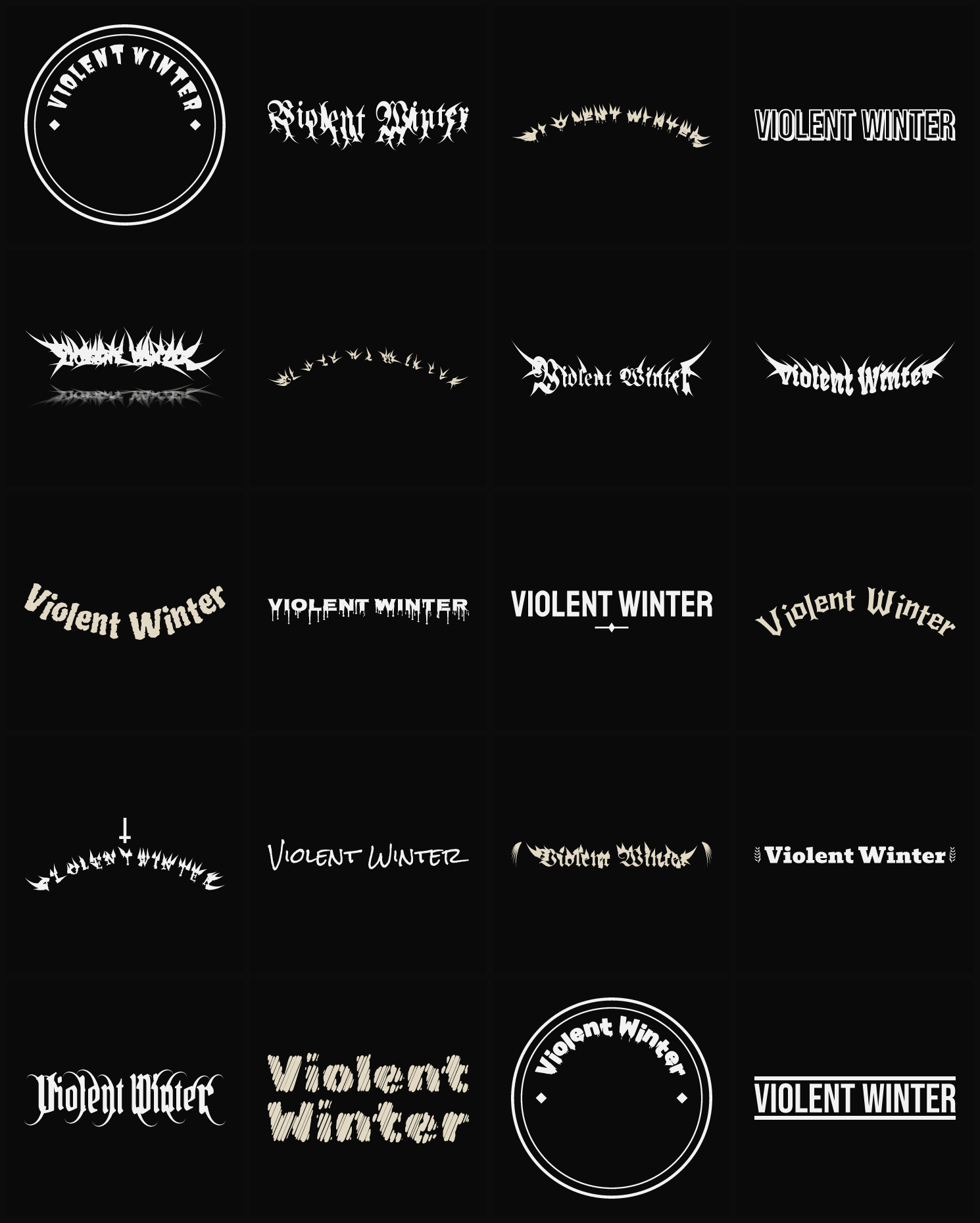 Twenty Violent Winter band logo ideas — different faces, treatments and spike settings