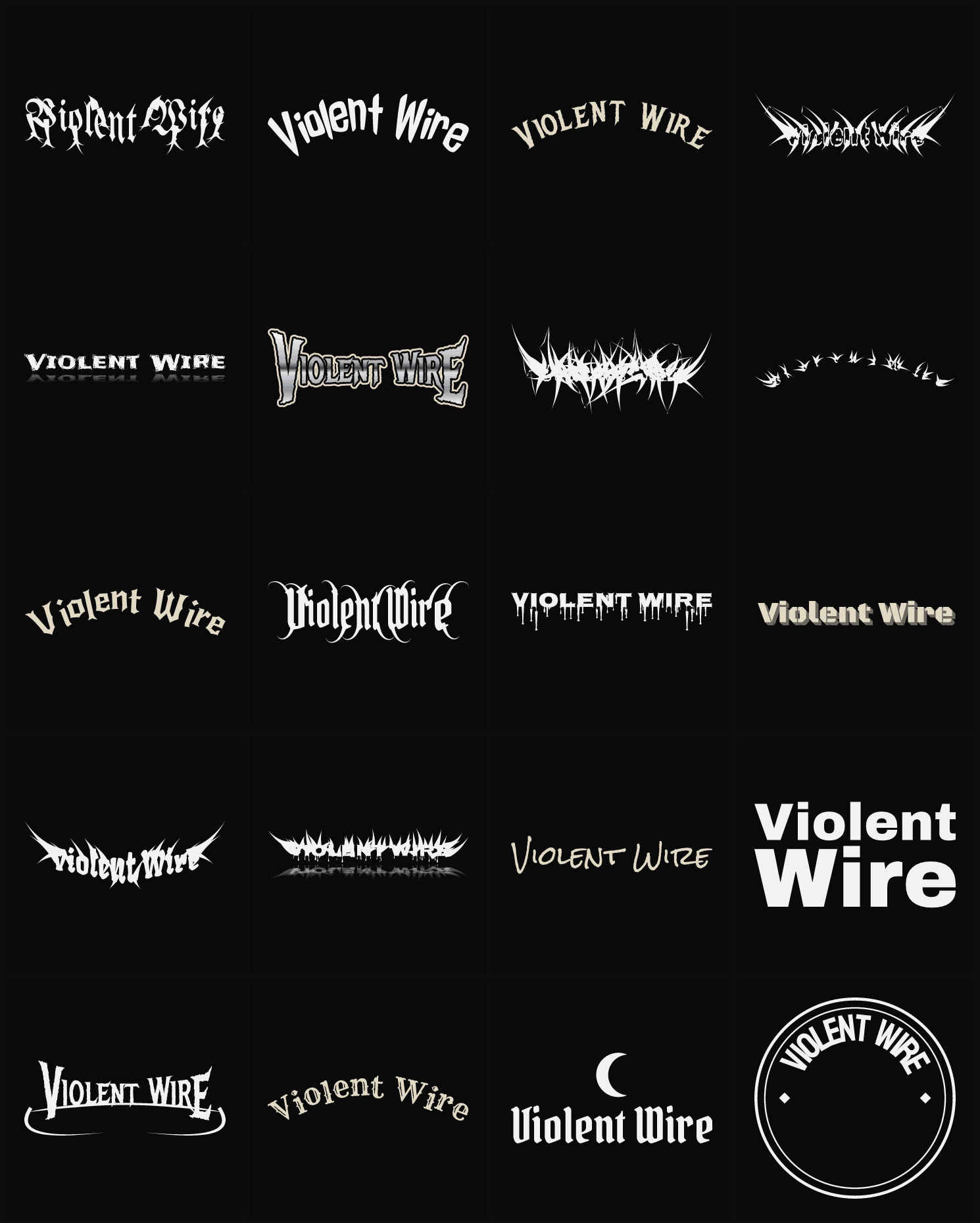 Twenty Violent Wire band logo ideas — different faces, treatments and spike settings