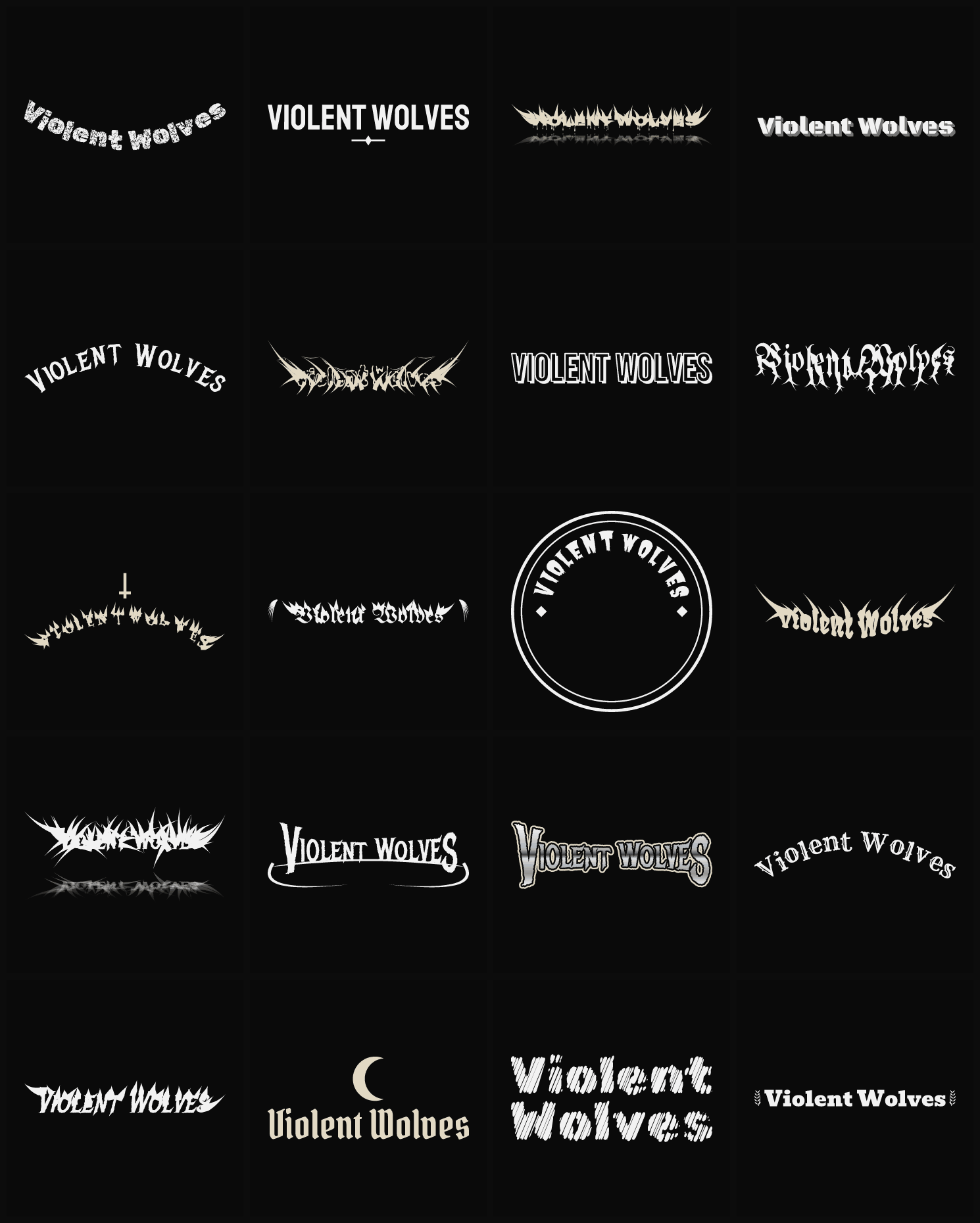 Twenty Violent Wolves band logo ideas — different faces, treatments and spike settings