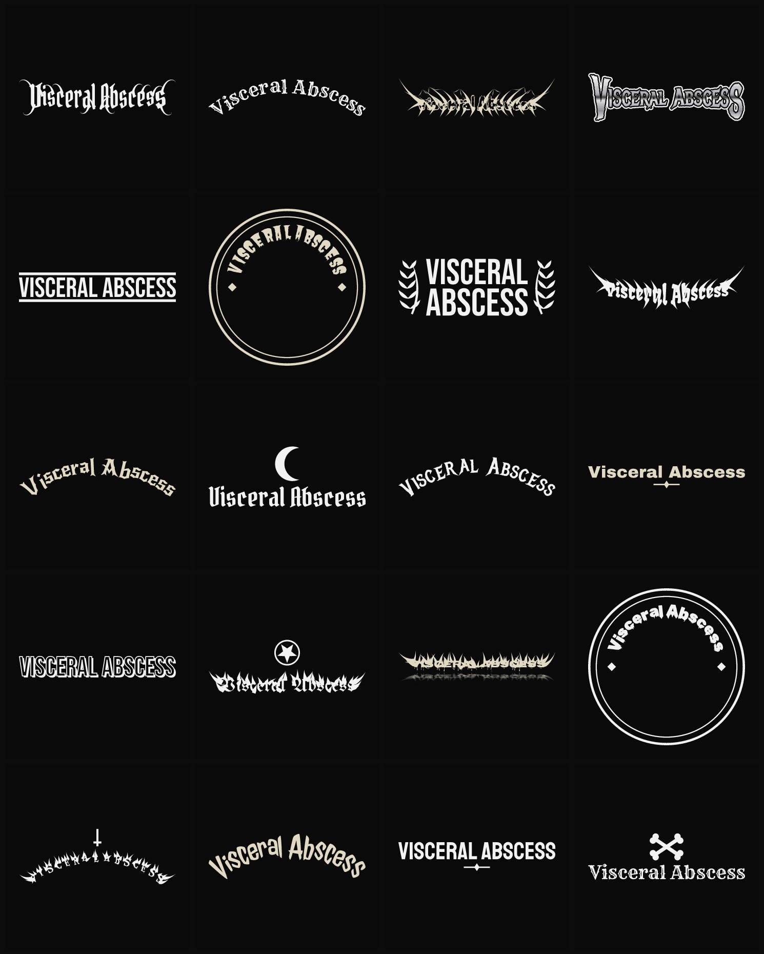 Twenty Visceral Abscess band logo ideas — different faces, treatments and spike settings