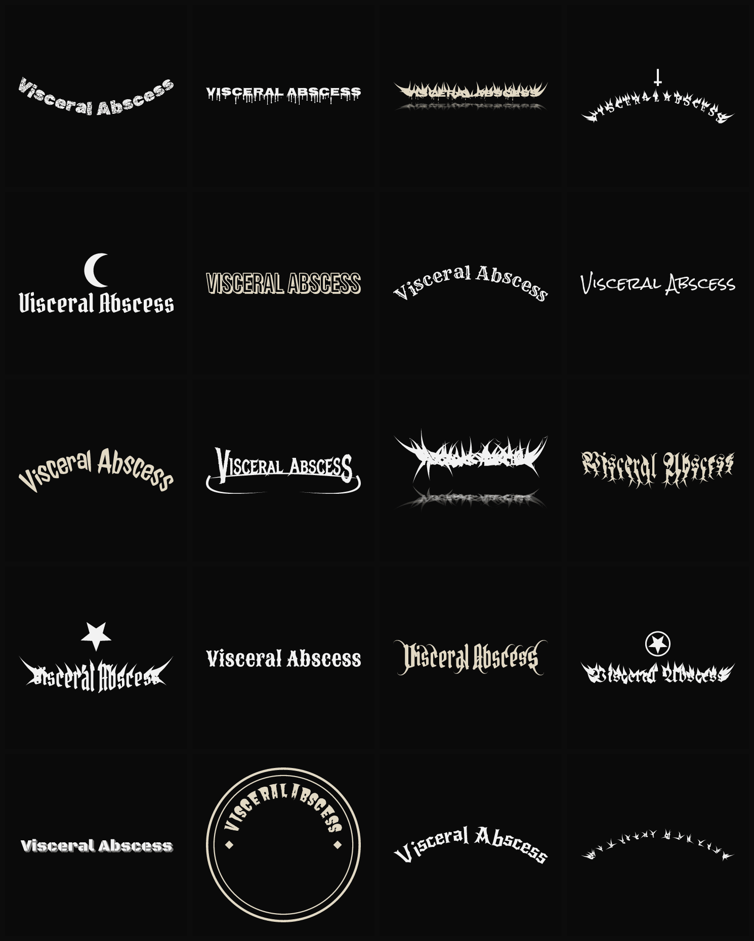 Twenty Visceral Abscess band logo ideas — different faces, treatments and spike settings