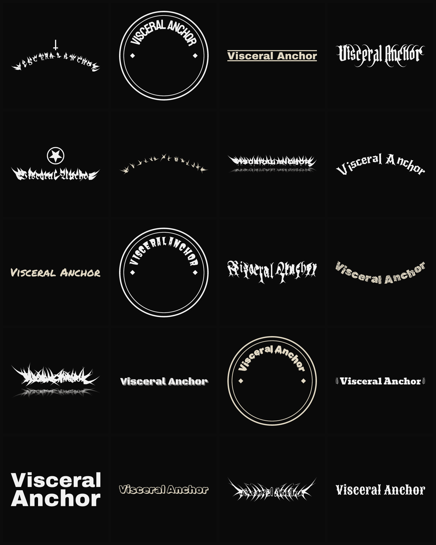 Twenty Visceral Anchor band logo ideas — different faces, treatments and spike settings