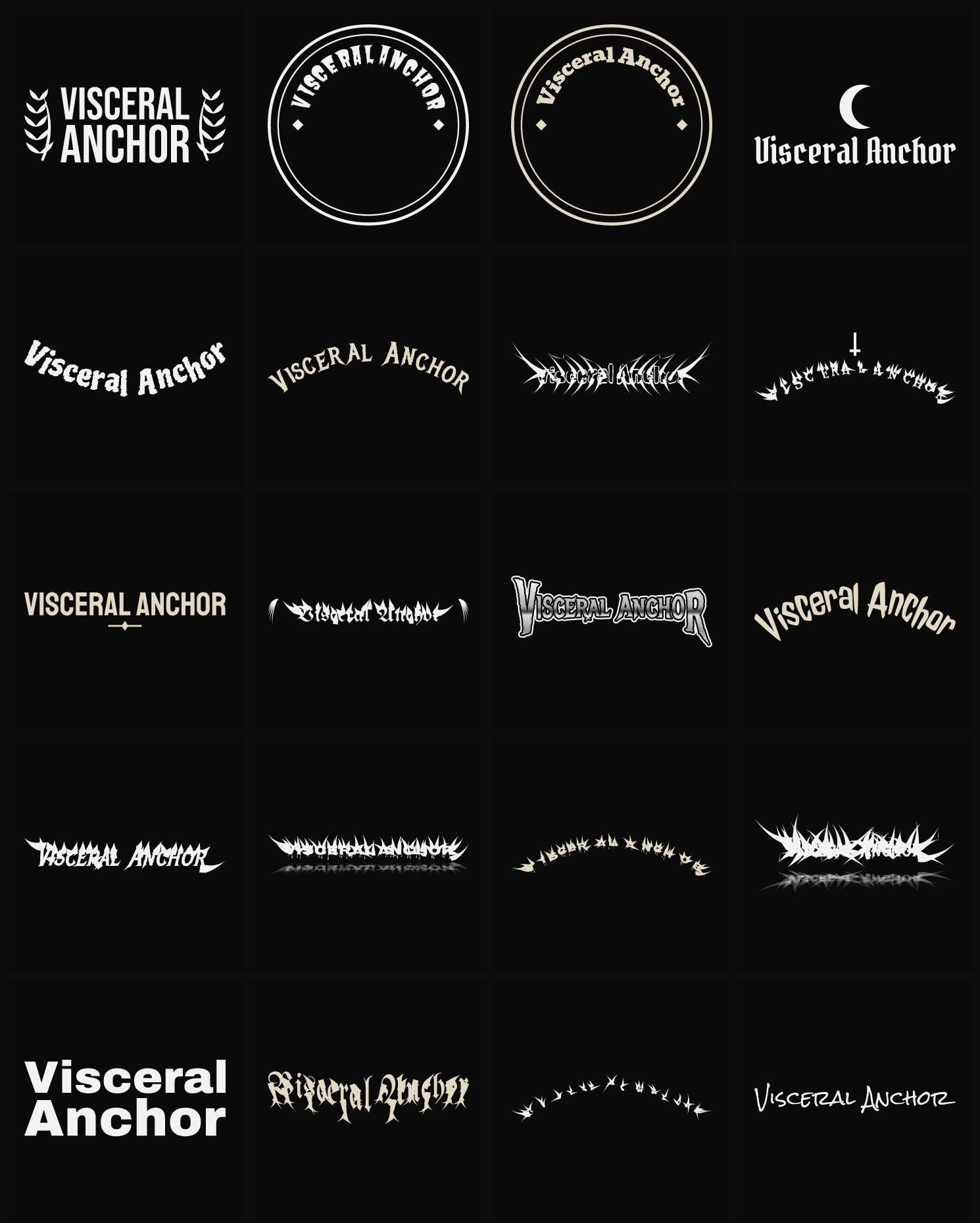 Twenty Visceral Anchor band logo ideas — different faces, treatments and spike settings