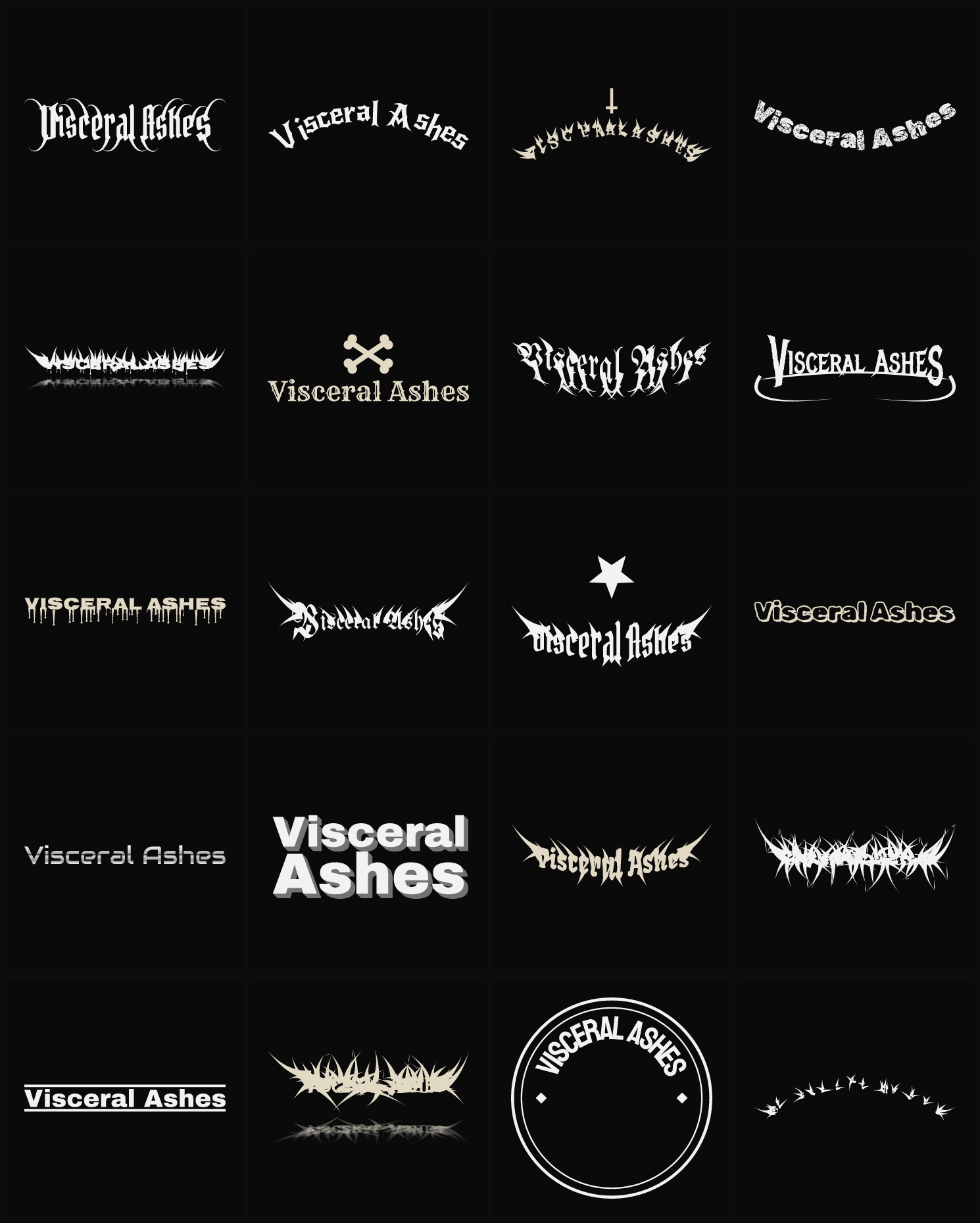Twenty Visceral Ashes band logo ideas — different faces, treatments and spike settings