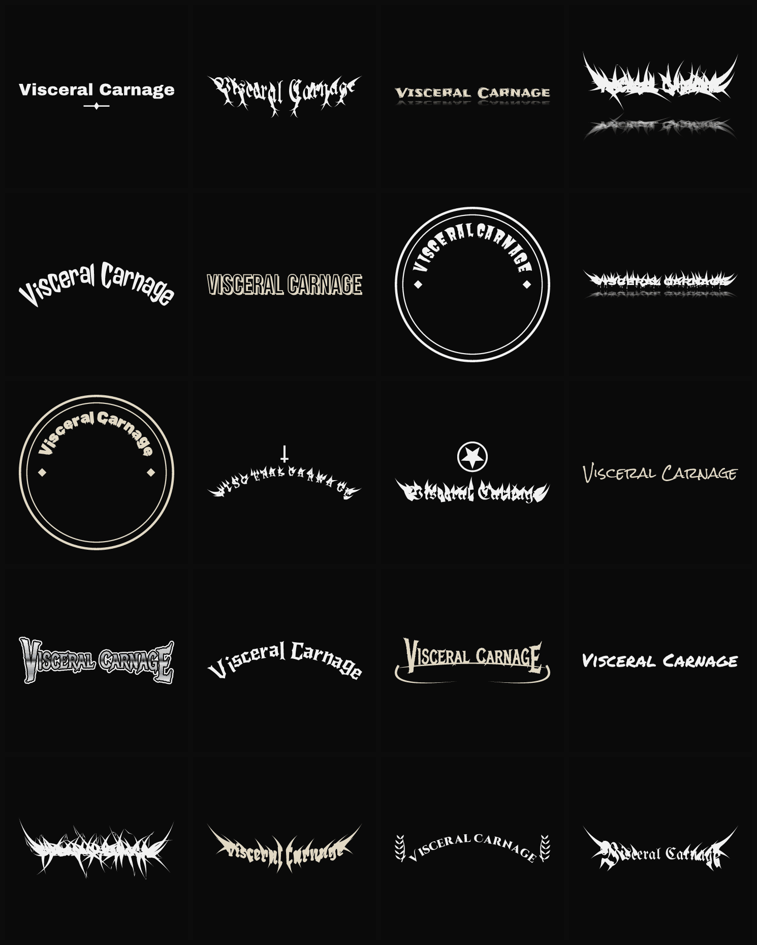 Twenty Visceral Carnage band logo ideas — different faces, treatments and spike settings