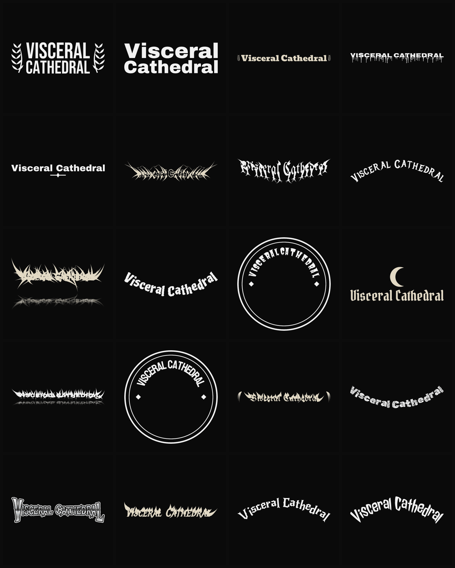 Twenty Visceral Cathedral band logo ideas — different faces, treatments and spike settings