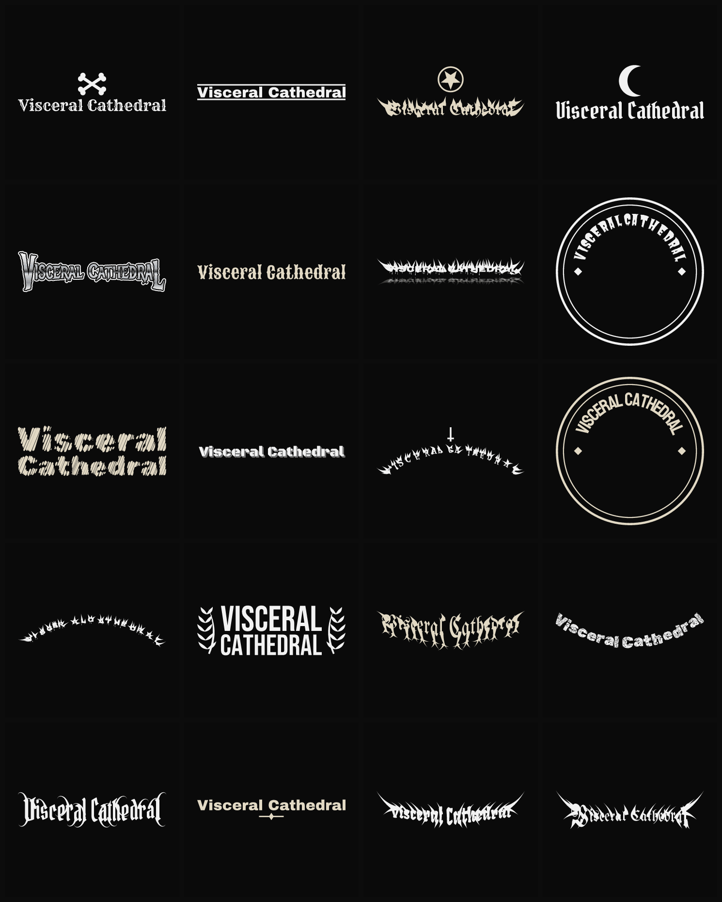 Twenty Visceral Cathedral band logo ideas — different faces, treatments and spike settings