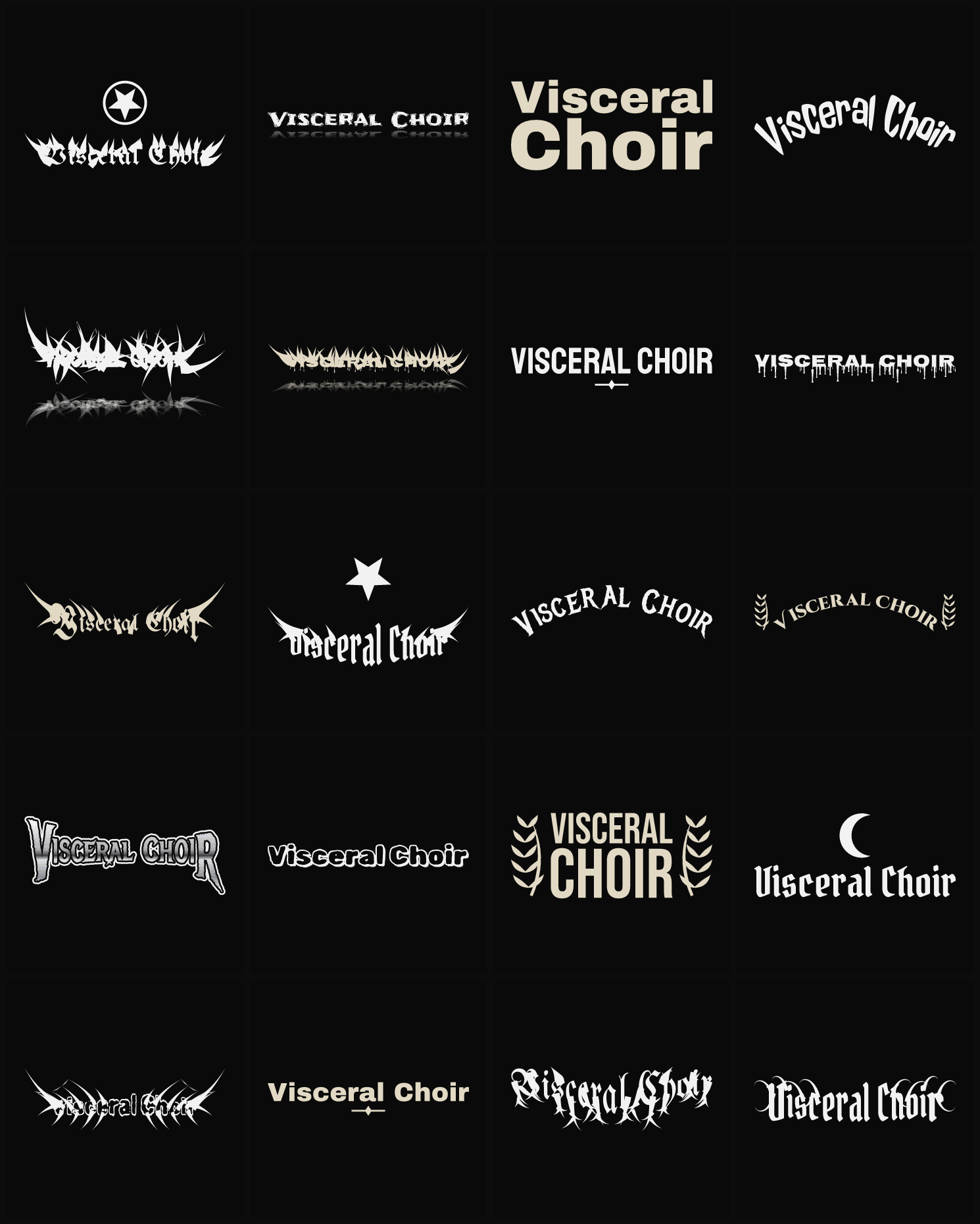 Twenty Visceral Choir band logo ideas — different faces, treatments and spike settings