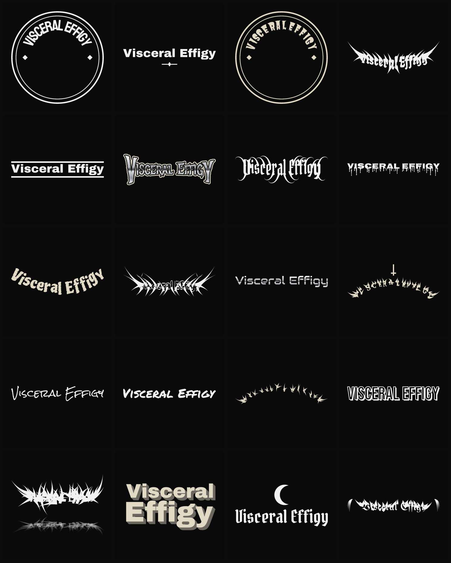Twenty Visceral Effigy band logo ideas — different faces, treatments and spike settings