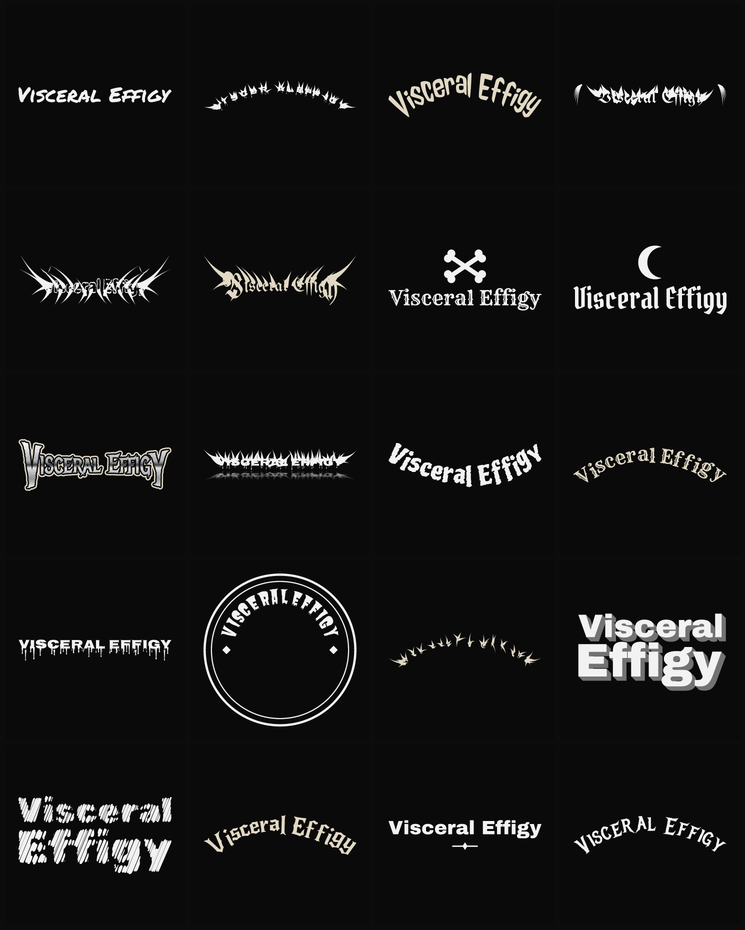 Twenty Visceral Effigy band logo ideas — different faces, treatments and spike settings