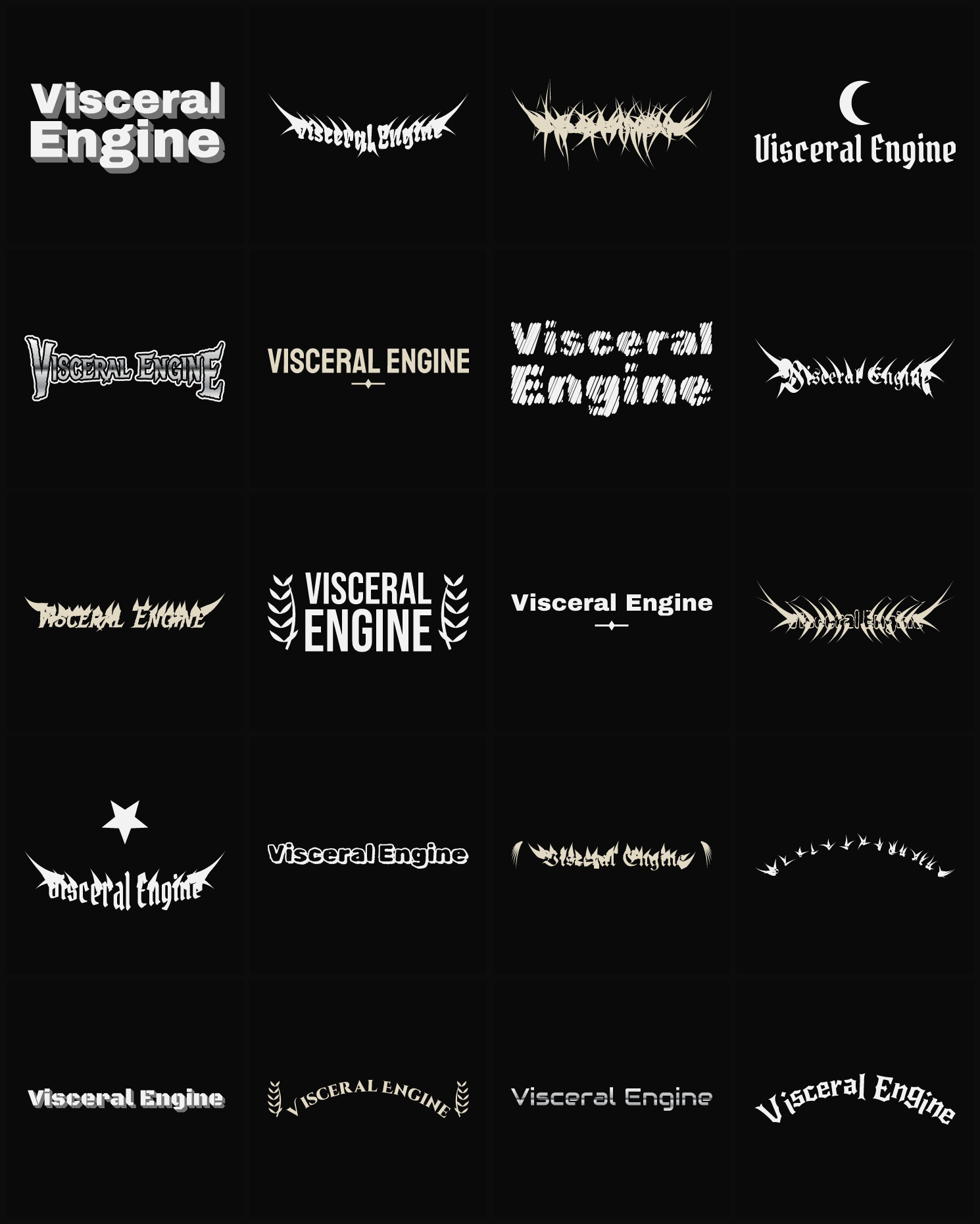 Twenty Visceral Engine band logo ideas — different faces, treatments and spike settings